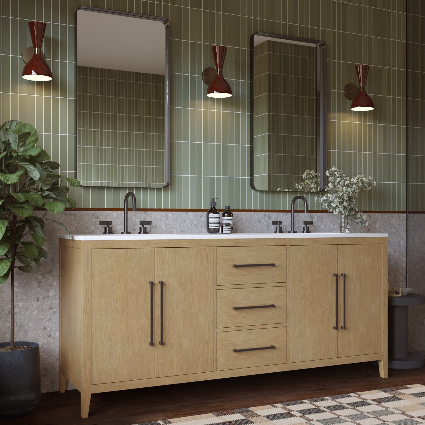 Bergen 72" Double Bathroom Vanity | Brushed Oak | Calacatta Gold Quartz