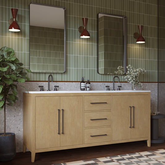 Bergen 72" Double Bathroom Vanity | Brushed Oak | Calacatta Gold Quartz