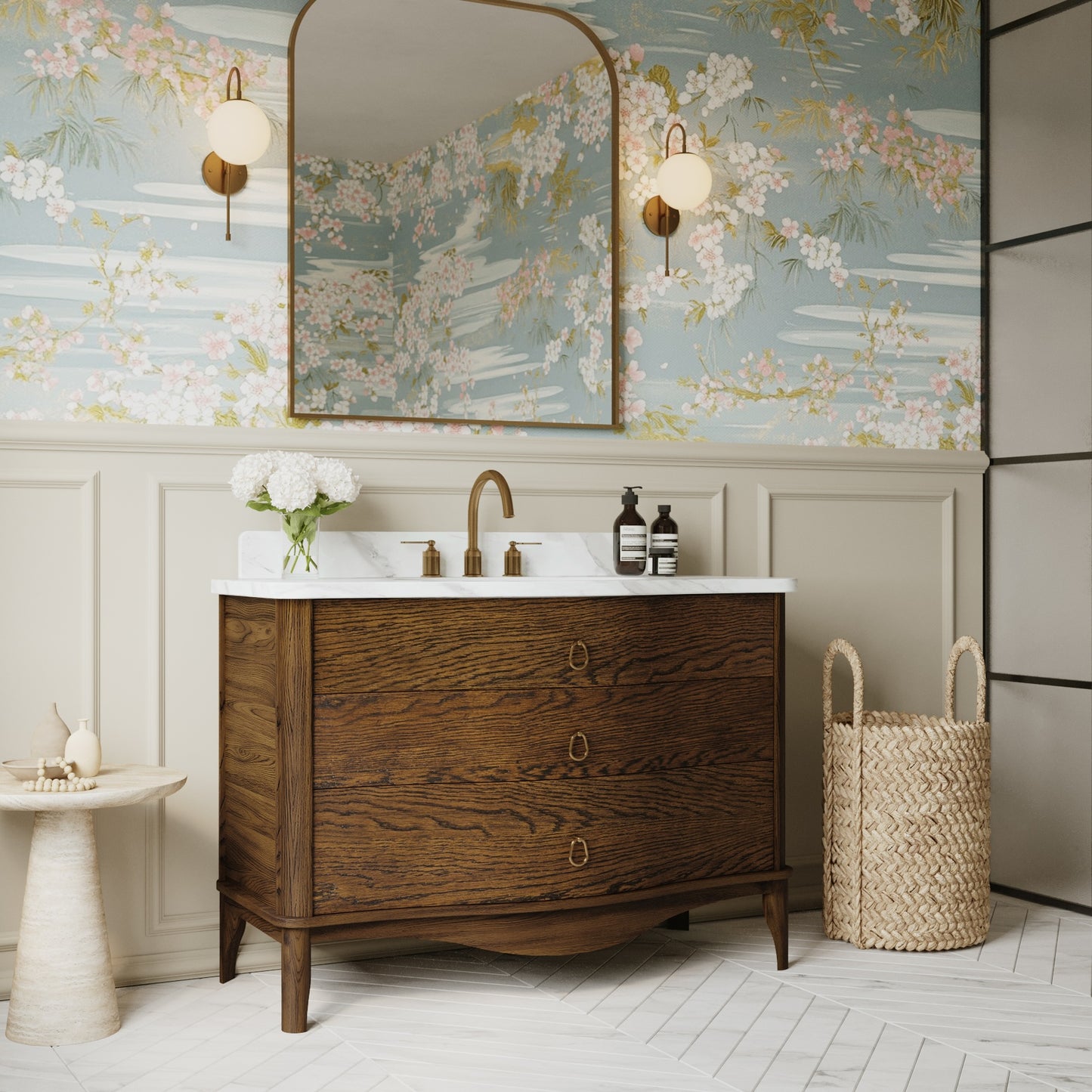 Grace 48" Single Bathroom Vanity | Enhanced Brown Oak | Statuario Quartz Countertop