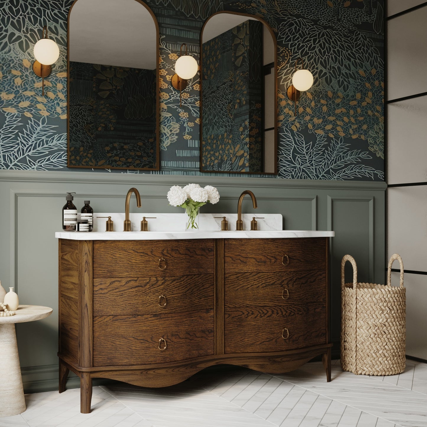 Grace 60" Double Bathroom Vanity | Enhanced Brown Oak | Statuario Quartz Countertop