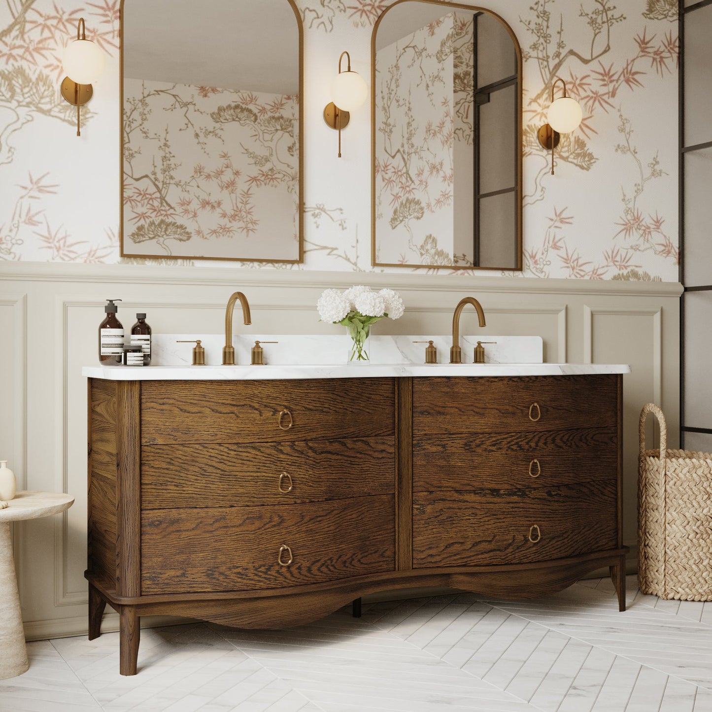 Grace 72" Double Bathroom Vanity | Enhanced Brown Oak | Statuario Quartz Countertop