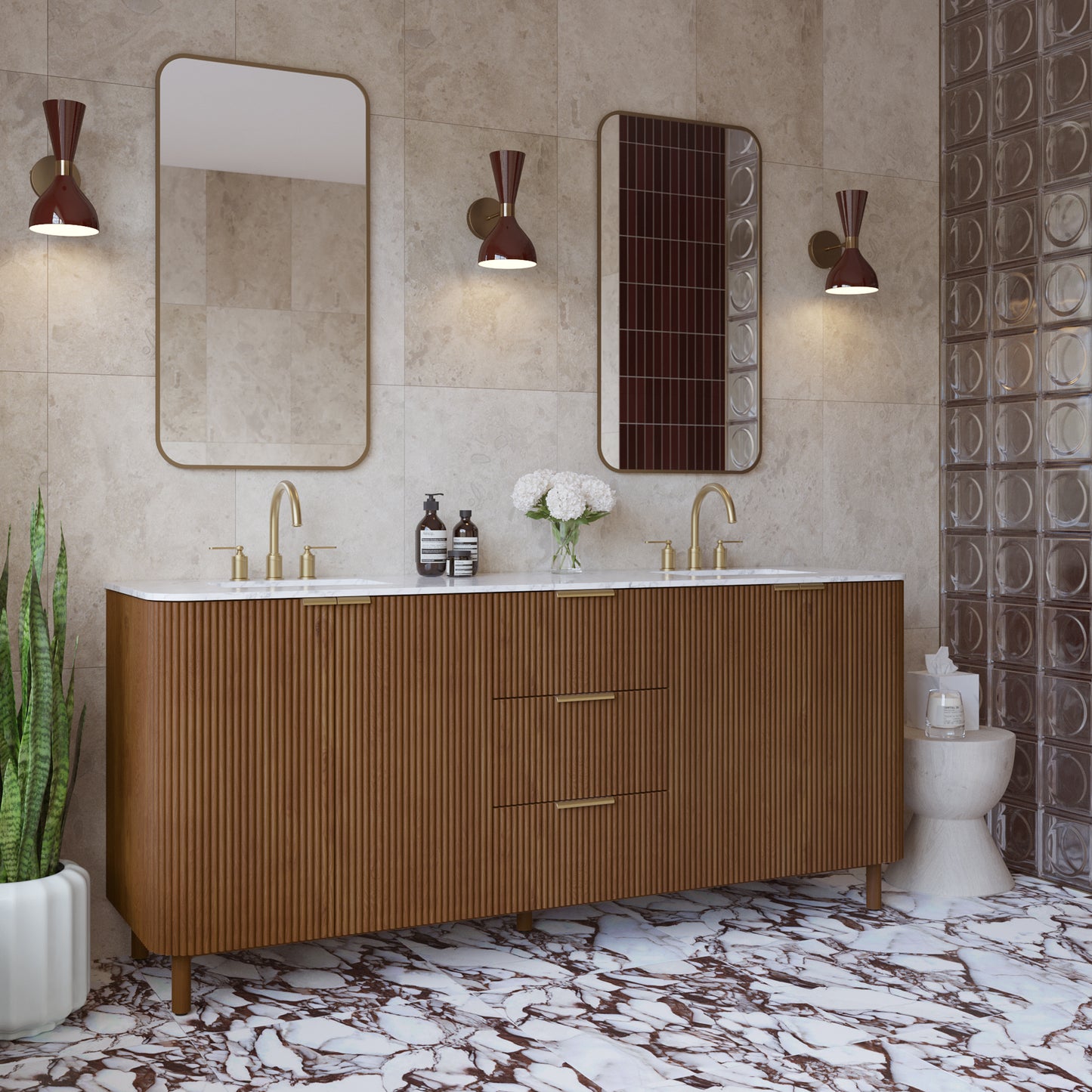 Havana 78" Double Bathroom Vanity in Brown Reeded Birch | Carrara Marble Countertop