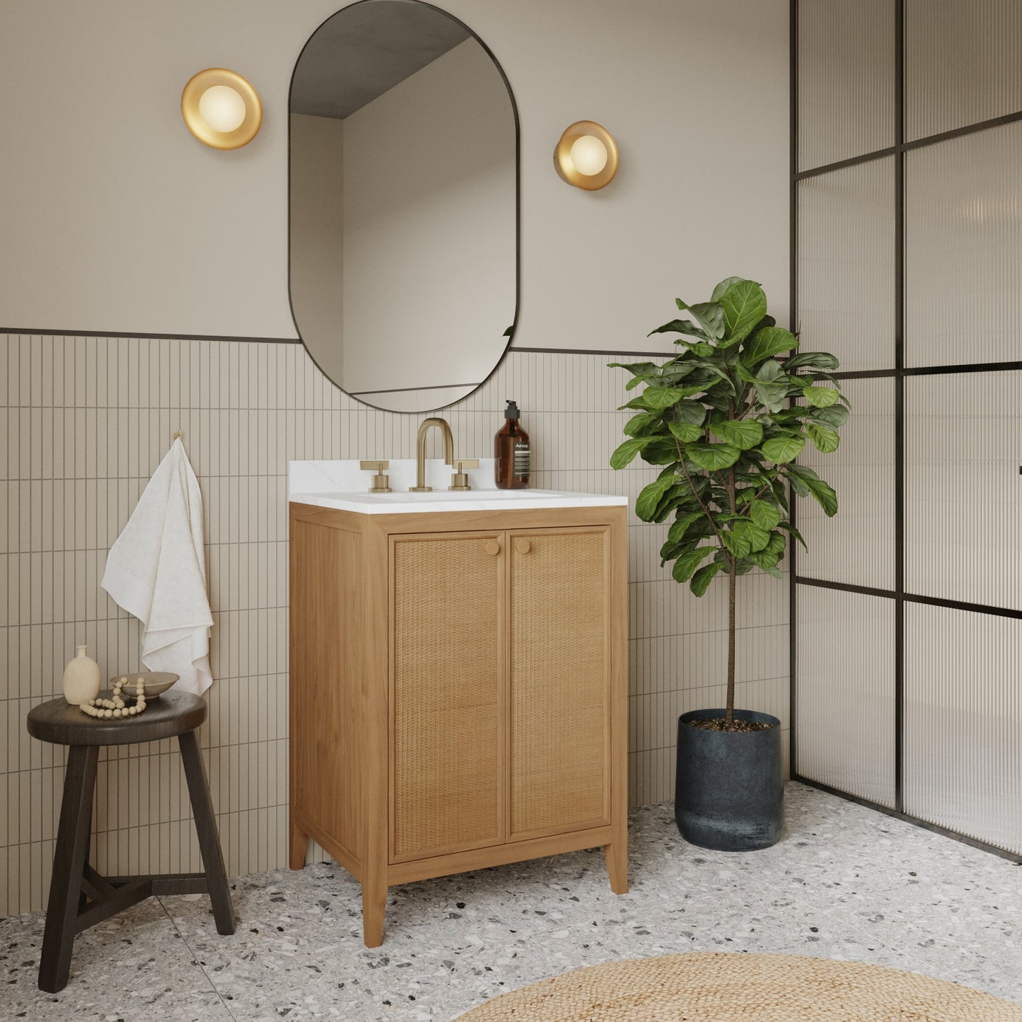 Whitney 24"W x 20"D Rattan RTA Single Bathroom Vanity | Calacatta Gold Quartz Countertop