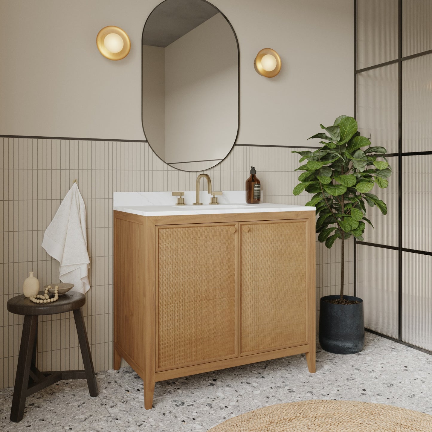 Whitney 36"W x 22"D Rattan RTA Single Bathroom Vanity | Calacatta Gold Quartz Countertop
