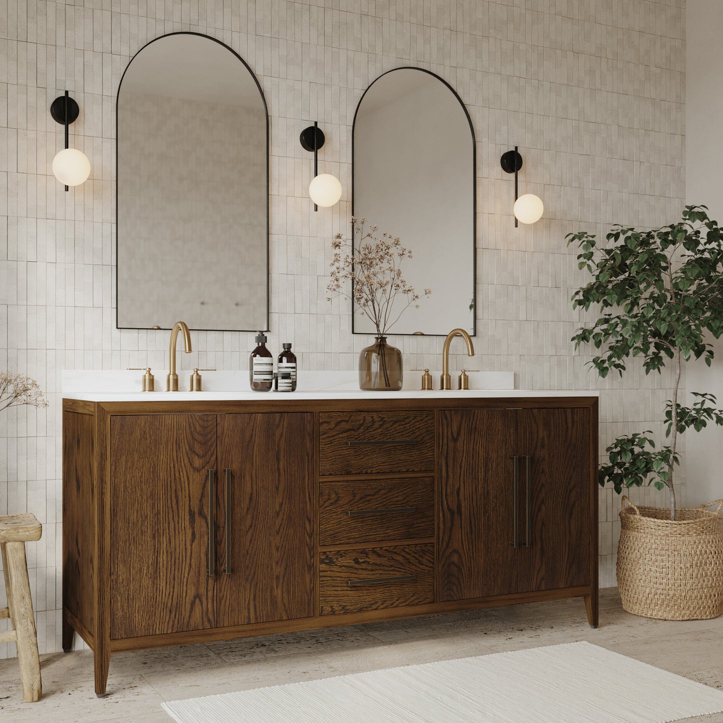 Bergen 72" Double Bathroom Vanity | Enhanced Brown Oak | Calacatta Gold Quartz