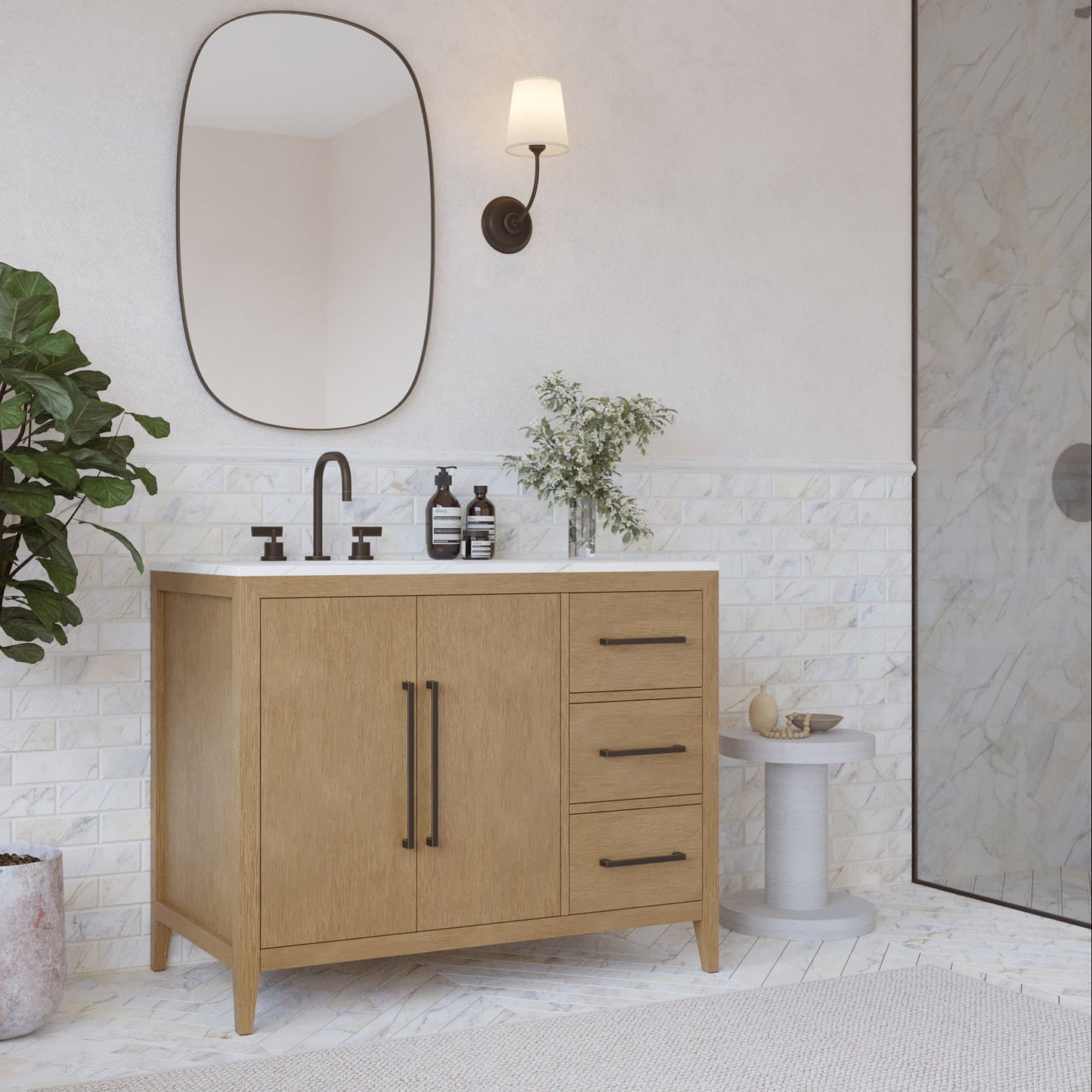 Bergen 42" Single Bathroom Vanity in Wire Brushed Oak | White Statuario Quartz Countertop