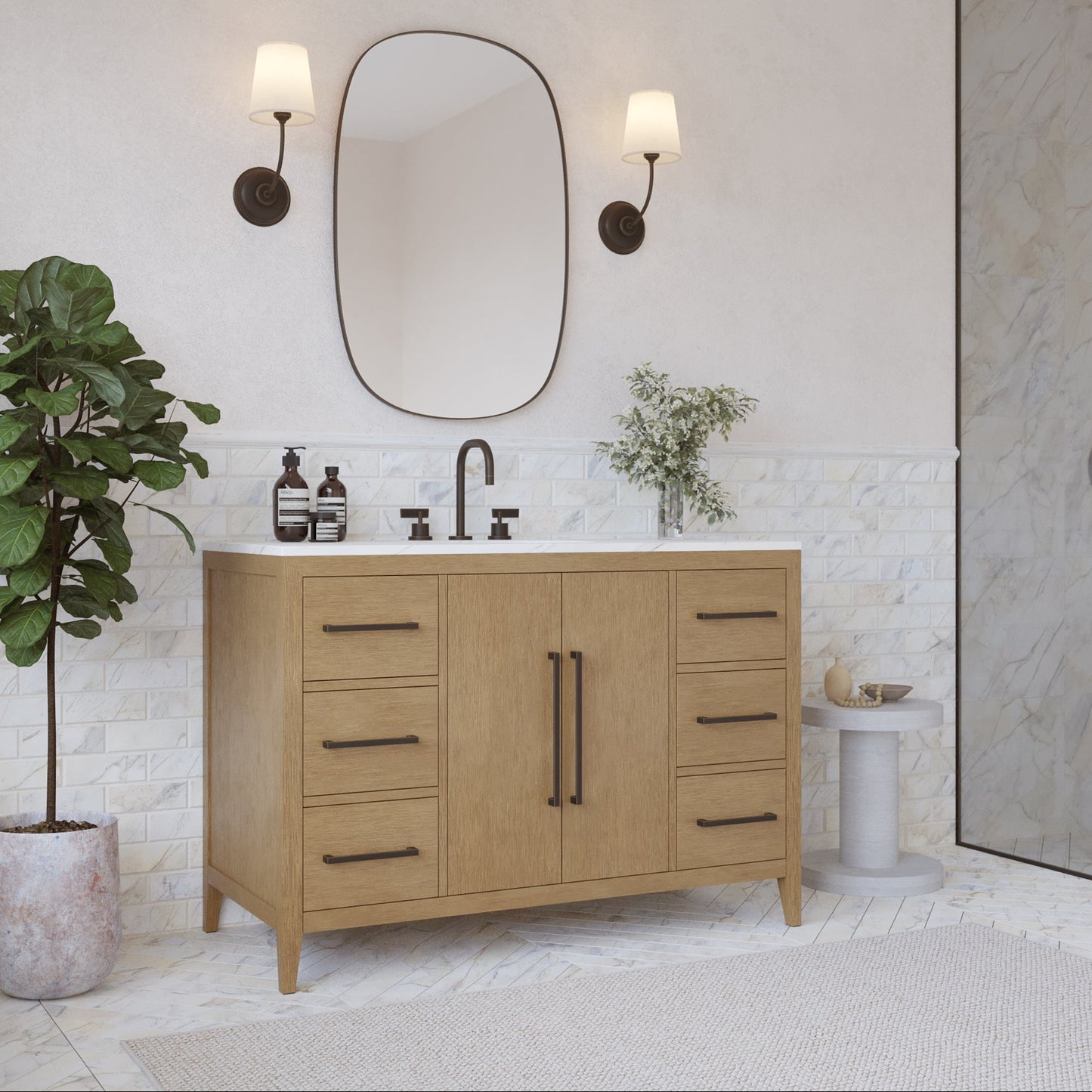 Bergen 48" Single Bathroom Vanity in Wire Brushed Oak | White Statuario Quartz Countertop