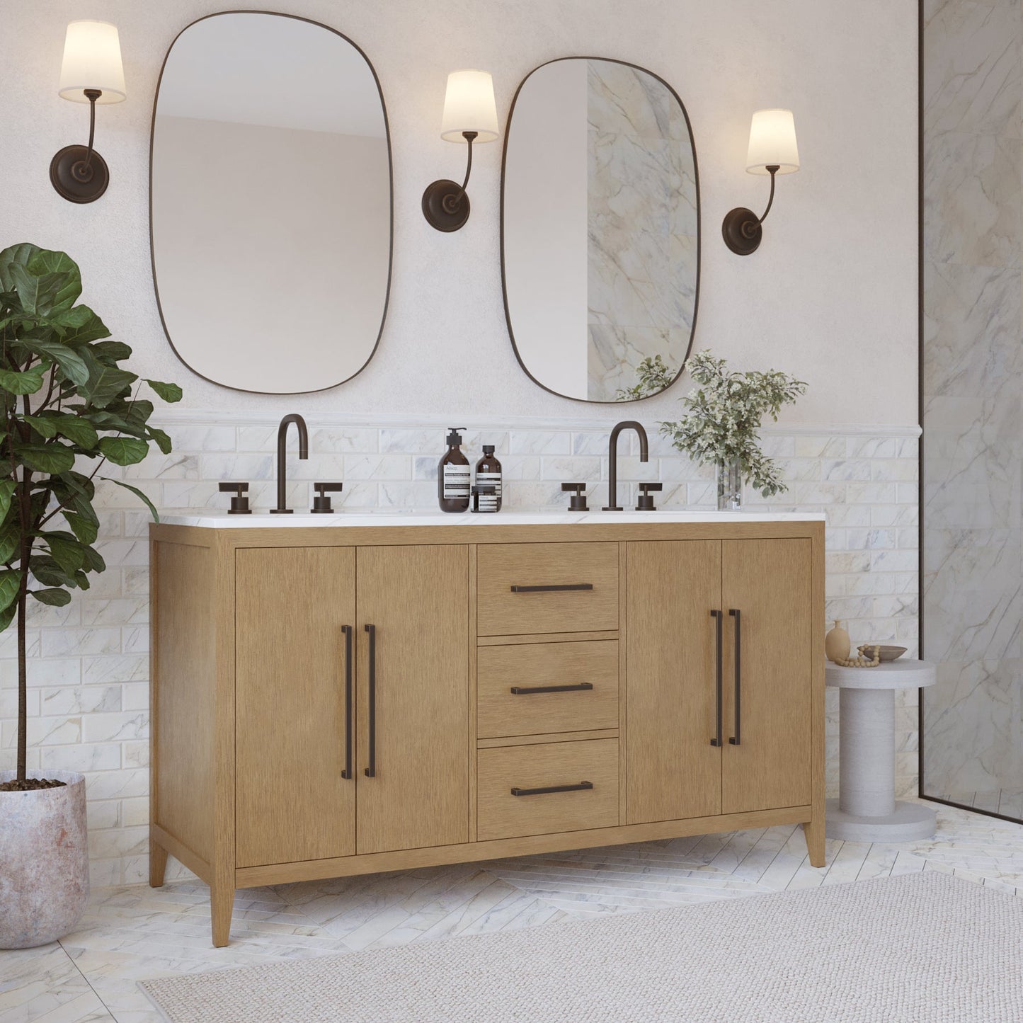 Bergen 60" Double Bathroom Vanity in Wire Brushed Oak | White Statuario Quartz Countertop