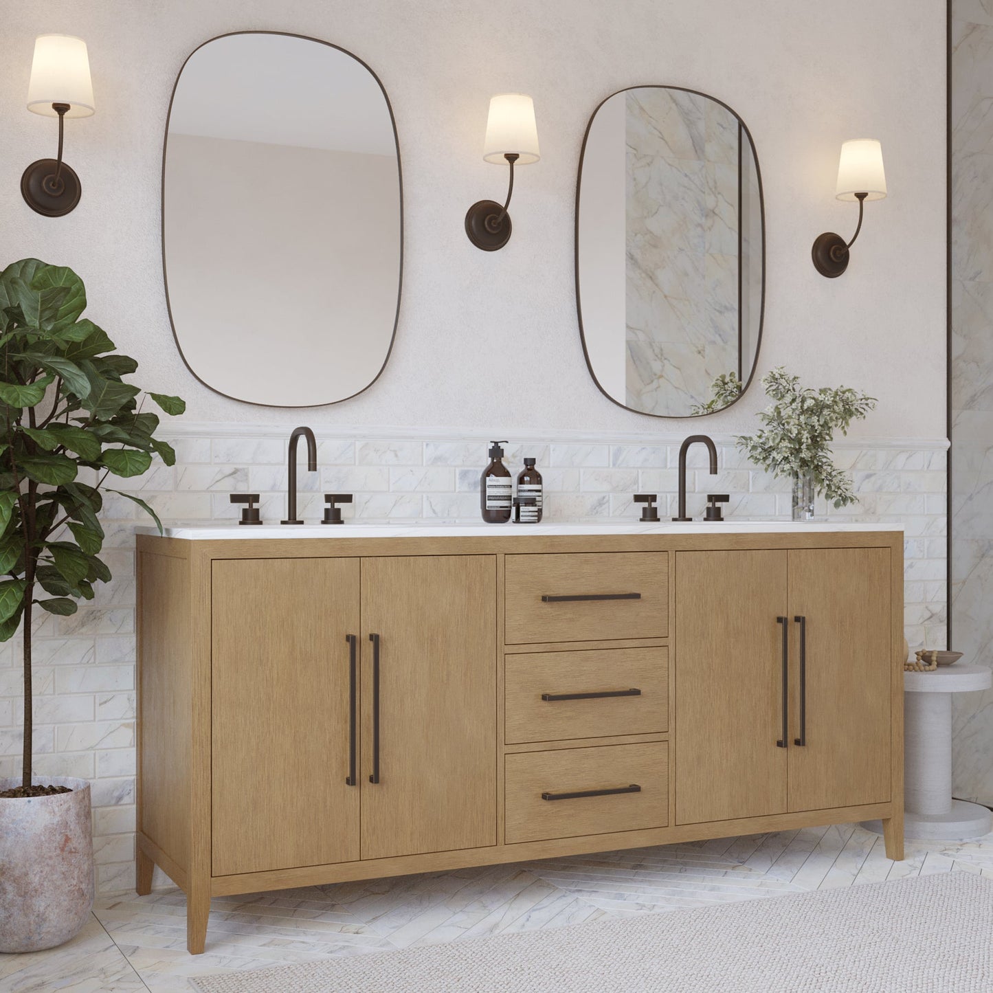Bergen 72" Double Bathroom Vanity | Brushed Oak | Calacatta Gold Quartz