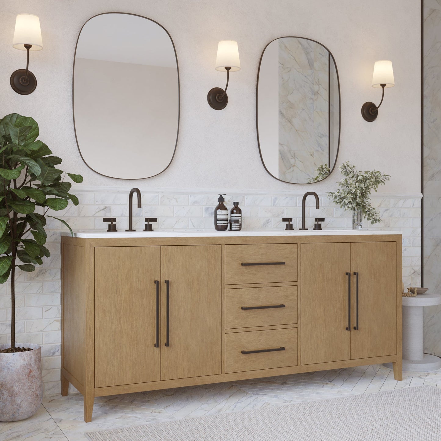 Bergen 72" Double Bathroom Vanity in Wire Brushed Oak | White Statuario Quartz Countertop