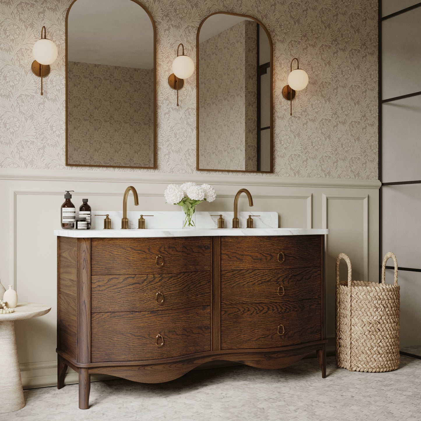 Grace 60" Double Bathroom Vanity | Enhanced Brown Oak | Statuario Quartz Countertop