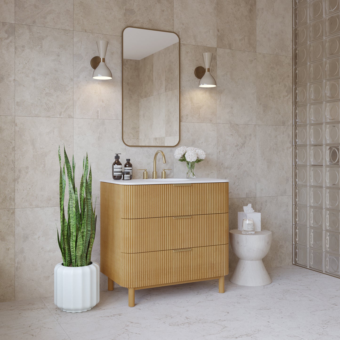 Havana 36" Single Bathroom Vanity in Reeded Birch | White Quartz Countertop