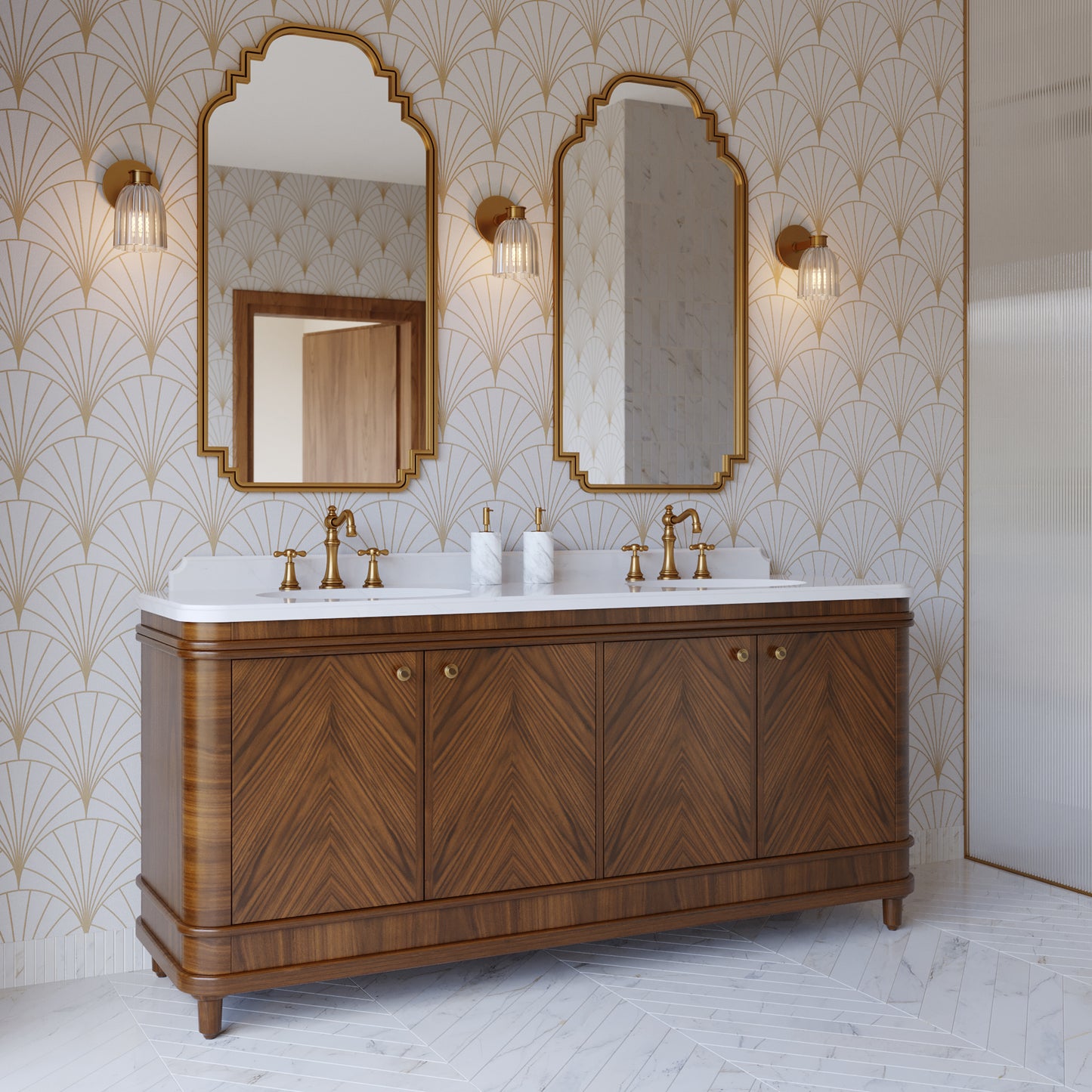Tamara 72" Double Bathroom Vanity in Chevron Walnut and Statuario Quartz