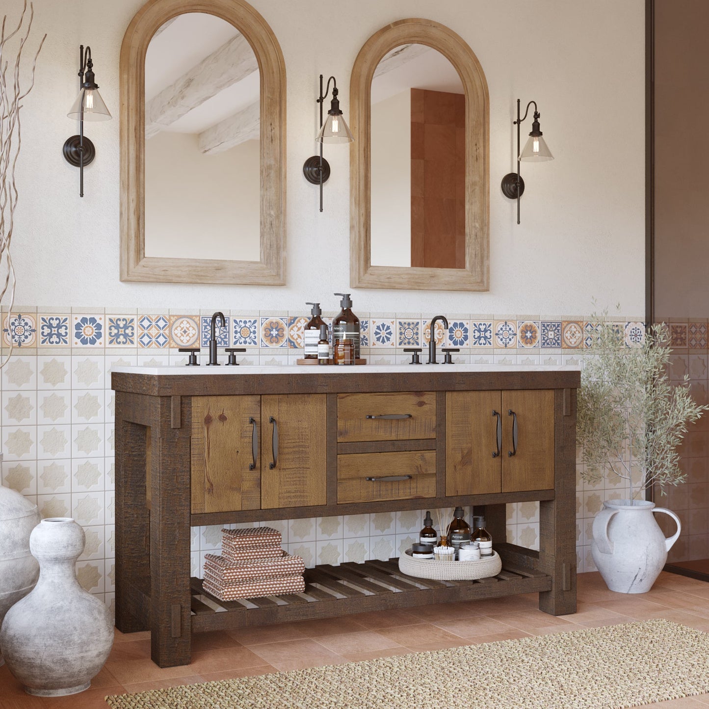 Telluride 60" Wide Double Bathroom Vanity | White Quartz Countertop