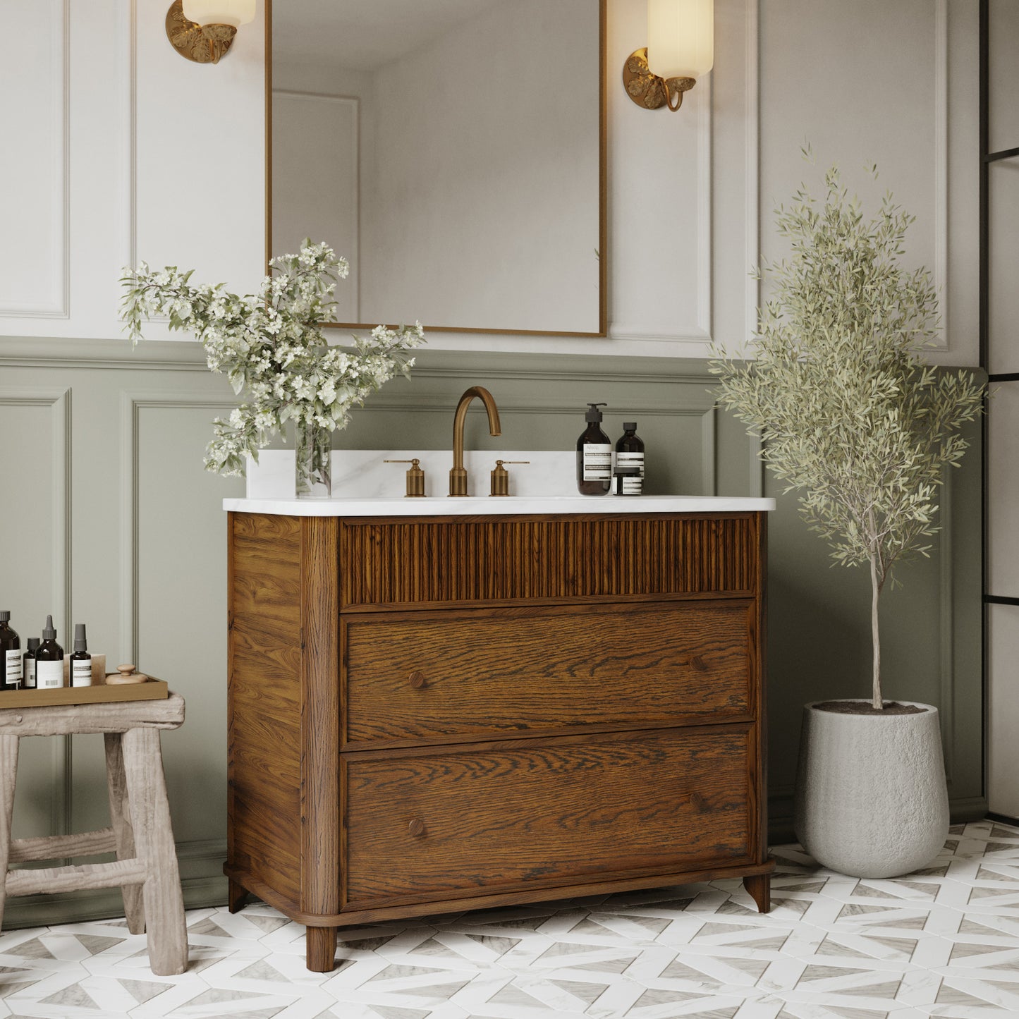 Kathryne 42" Single Bathroom Vanity in Enhanced Brown Oak | Statuario Quartz Countertop