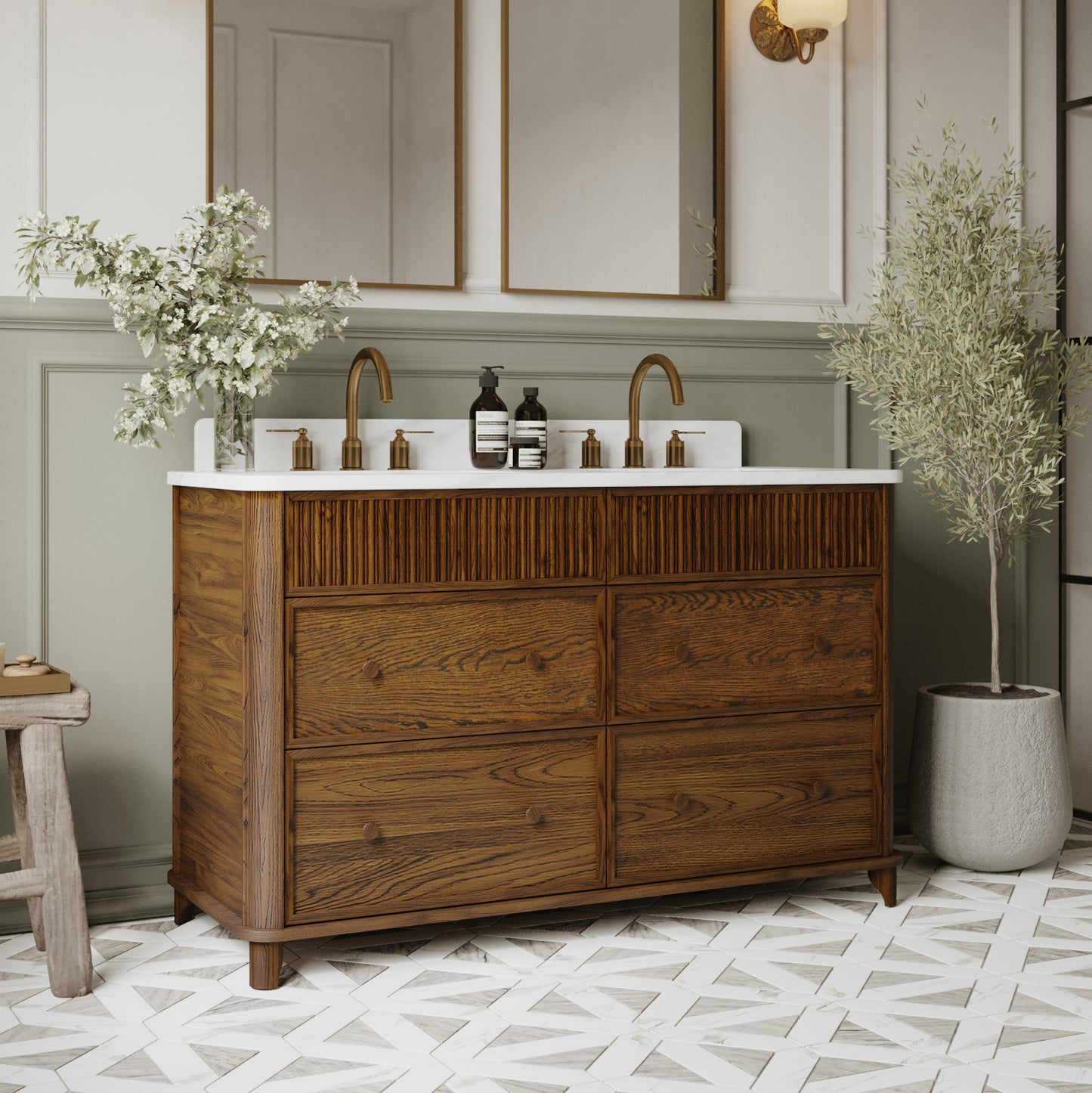 Kathryne 54" Double Bathroom Vanity in Enhanced Brown Oak | Statuario Quartz Countertop