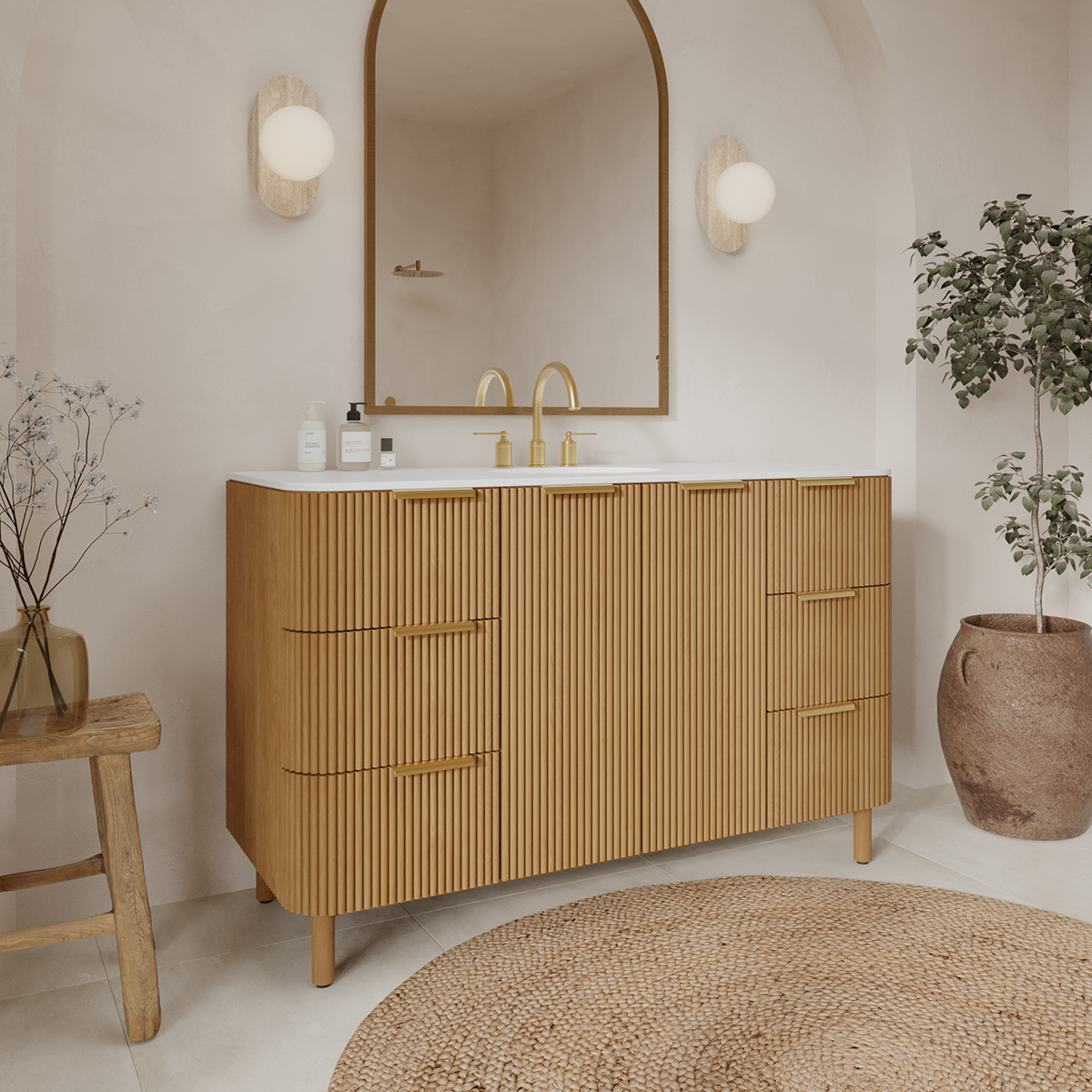 Havana 54" Single Bathroom Vanity in Reeded Birch | White Quartz Countertop