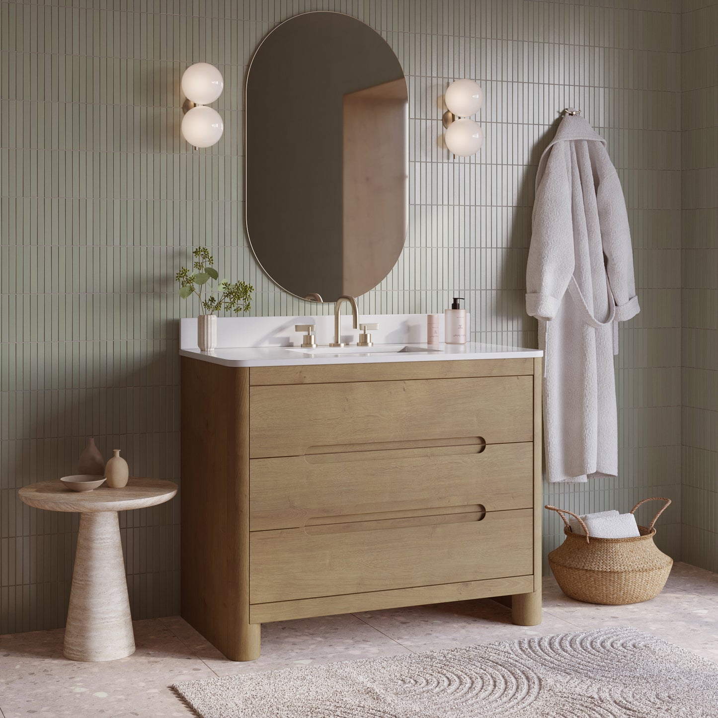 Oslo 42" Single Bathroom Vanity in Varnished Oak | White Quartz Countertop