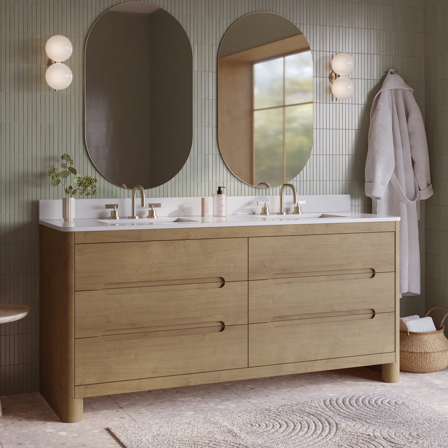 Oslo 72" Double Bathroom Vanity in Varnished Oak | White Quartz Countertop
