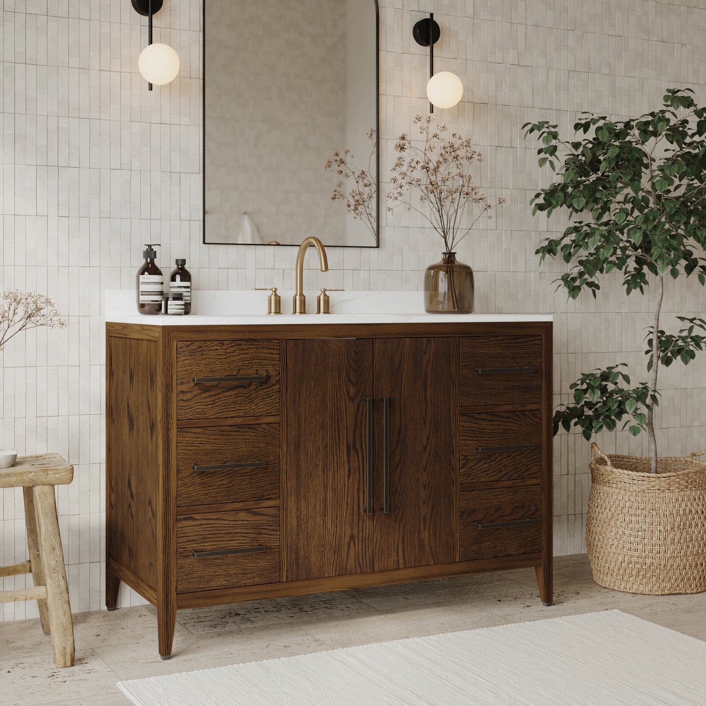 Bergen 48" Double Bathroom Vanity in Enhanced Brown Oak | Calacatta Gold Quartz Countertop