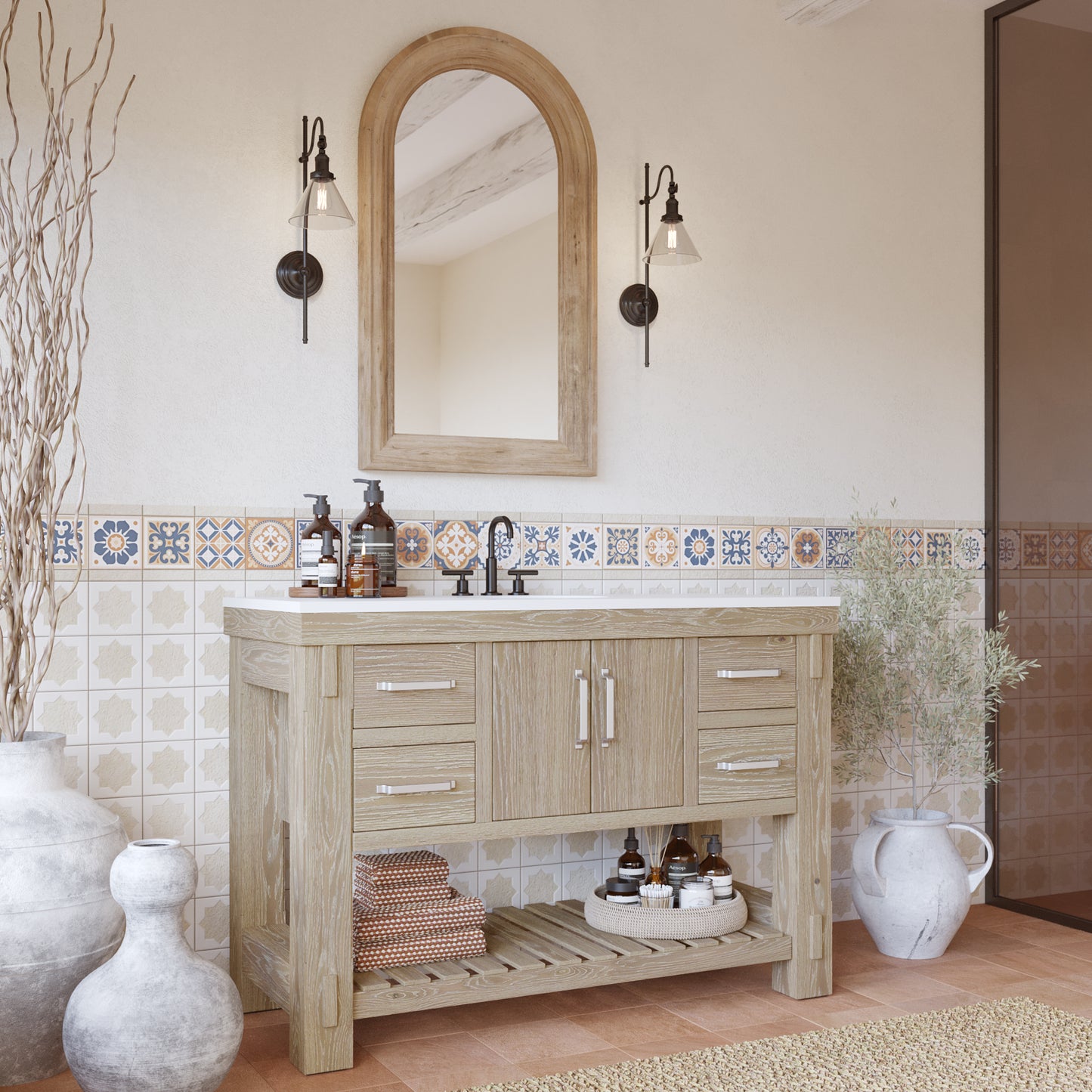 Telluride 48" Single Sink Bathroom Vanity in Washed Pine | White Quartz Countertop
