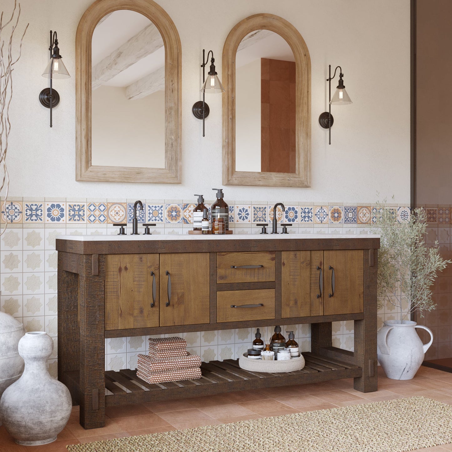 Telluride 66" Double Bathroom Vanity | White Quartz Countertop