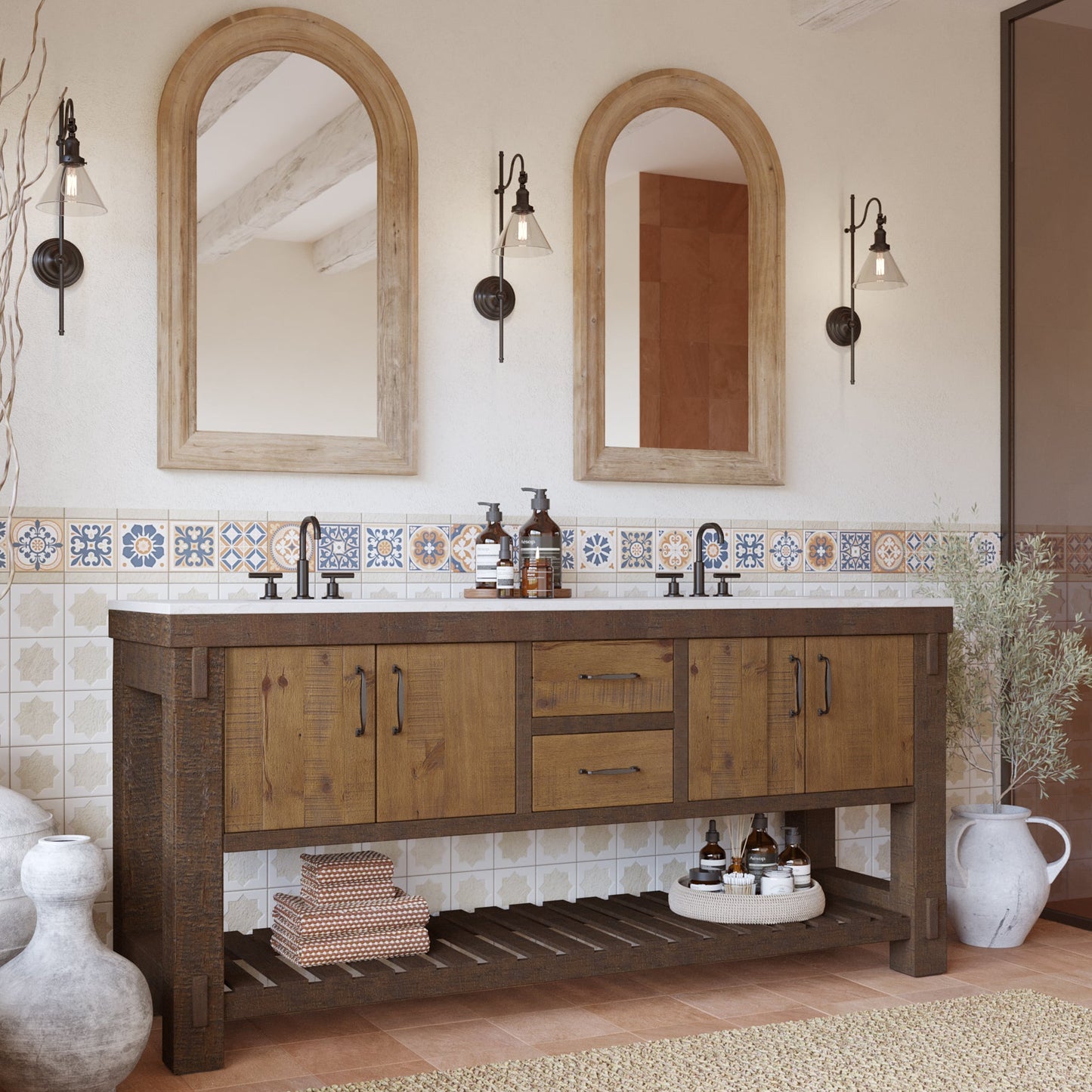 Telluride 72" Wide Double Bathroom Vanity | White Quartz Countertop
