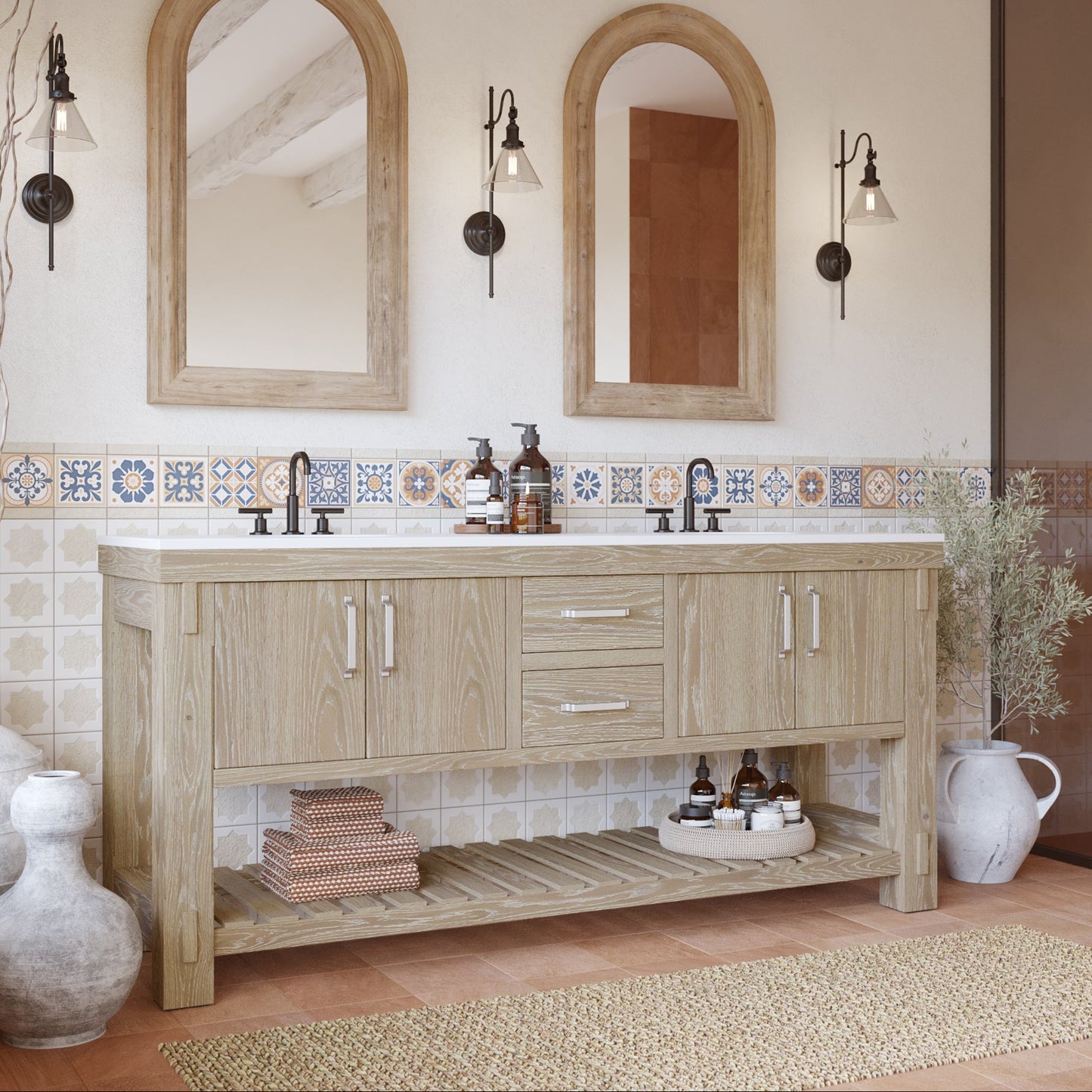 Telluride 72" Double Bathroom Vanity in Washed Pine | White Quartz Countertop