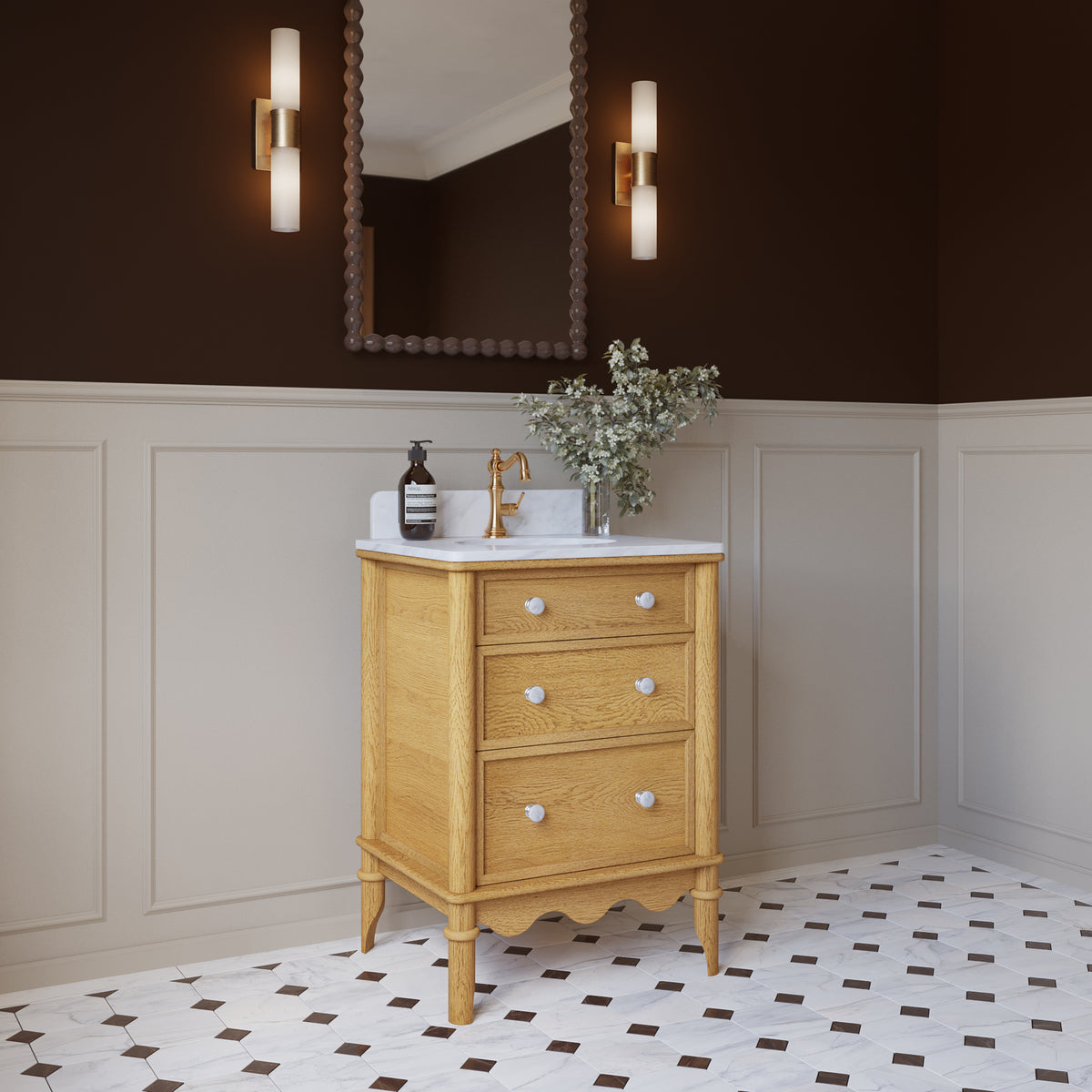 Juliette 24" Scallop Single Bathroom Vanity | Enhanced Natural Oak | Cultured Marble Countertop