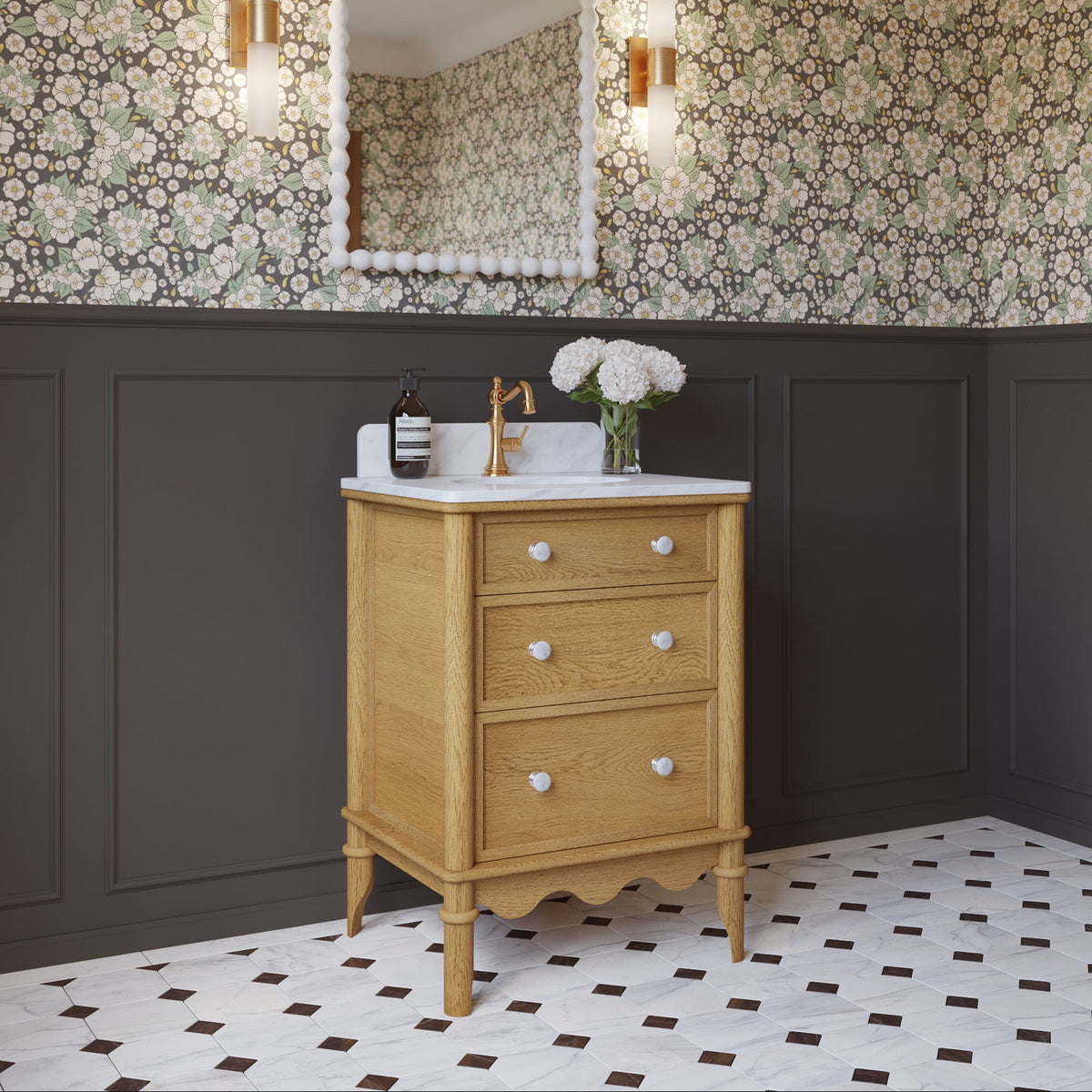 Juliette 24" Scallop Single Bathroom Vanity | Enhanced Natural Oak | Cultured Marble Countertop