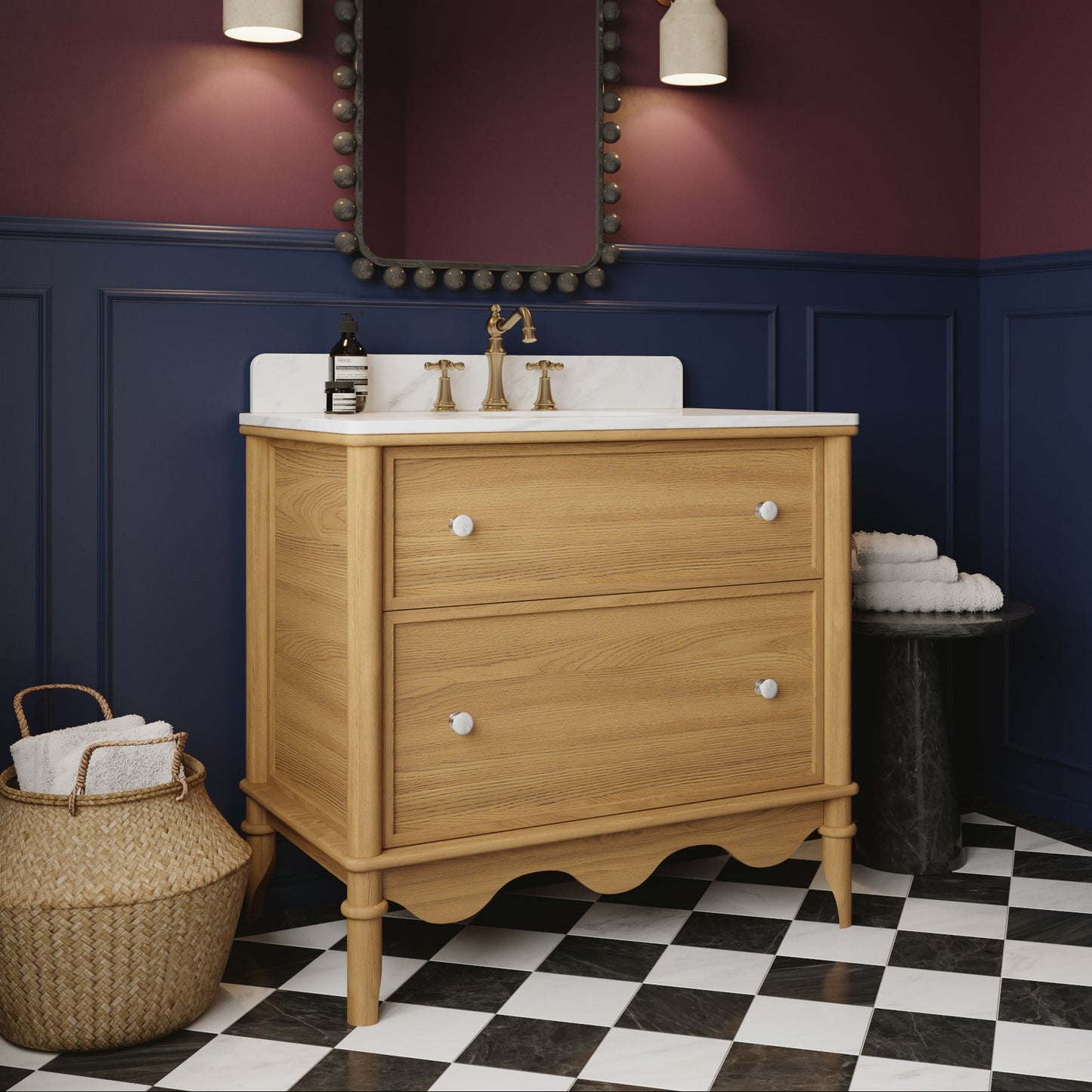Juliette 36"W Scallop Single Bathroom Vanity | Natural Enhanced Oak | Cultured Marble Countertop