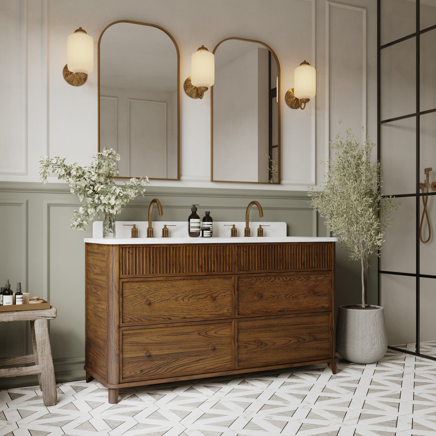 Kathryne 60" Double Bathroom Vanity in Enhanced Brown Oak | Statuario Quartz Countertop