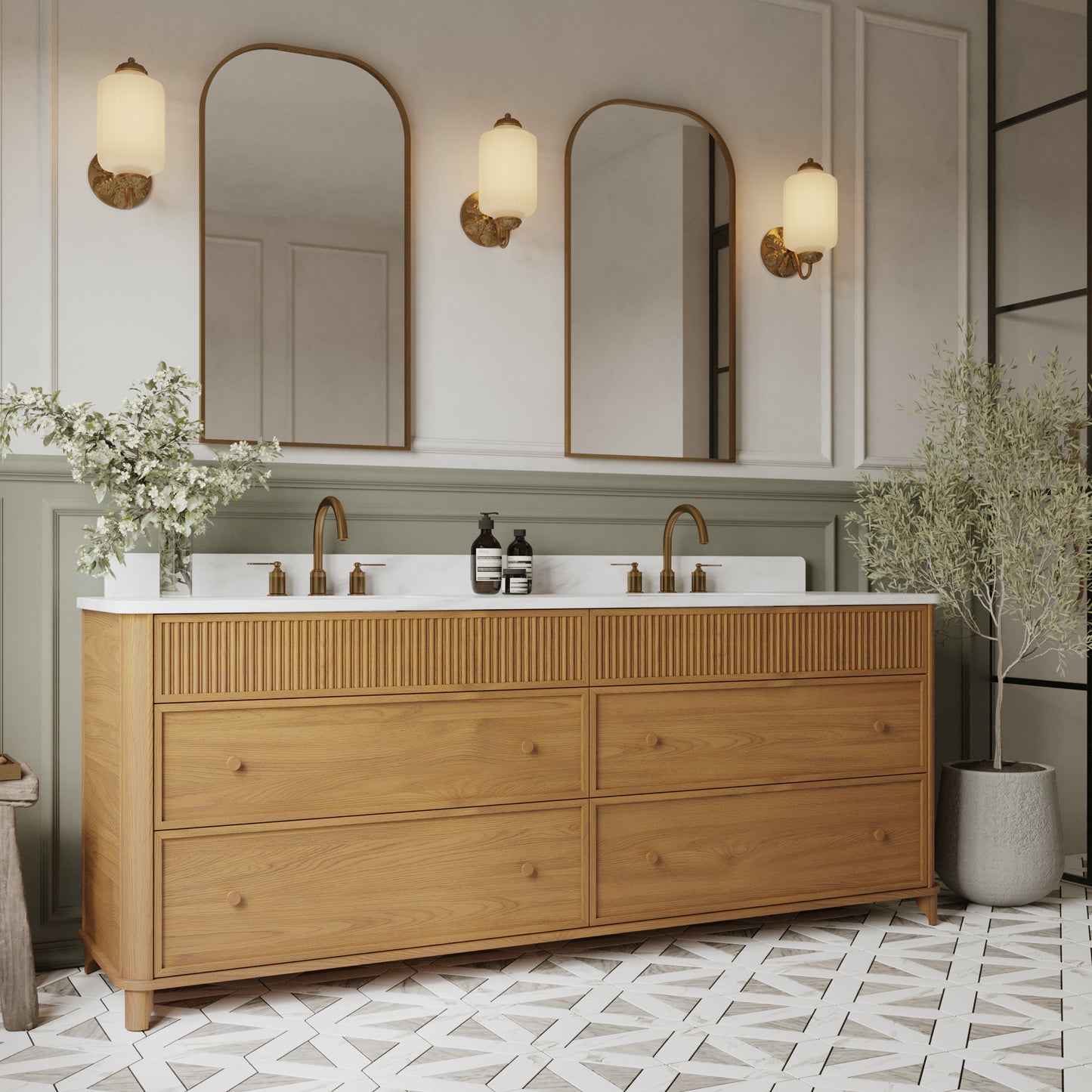 Kathryne Reeded 84" Double Bathroom Vanity in Enhanced Natural Oak | Statuario Quartz Countertop