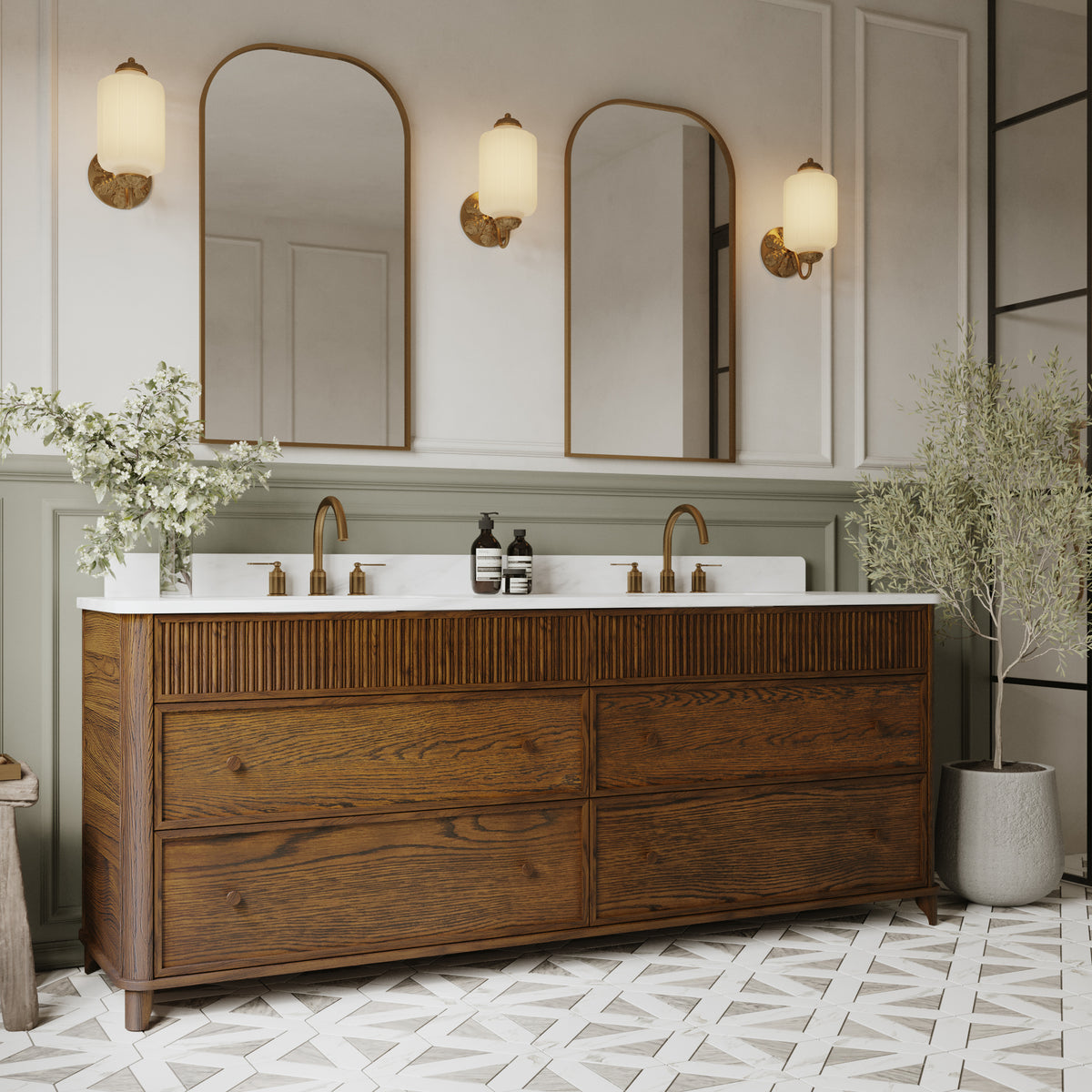 Kathryne Reeded 84" Double Bathroom Vanity in Enhanced Brown Oak | Statuario Quartz Countertop (Copy)
