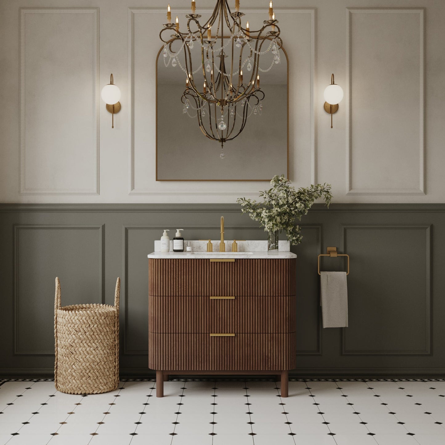 Havana 36" Wide Single Bathroom Vanity in Brown Reeded Birch with Carrara Marble Countertop
