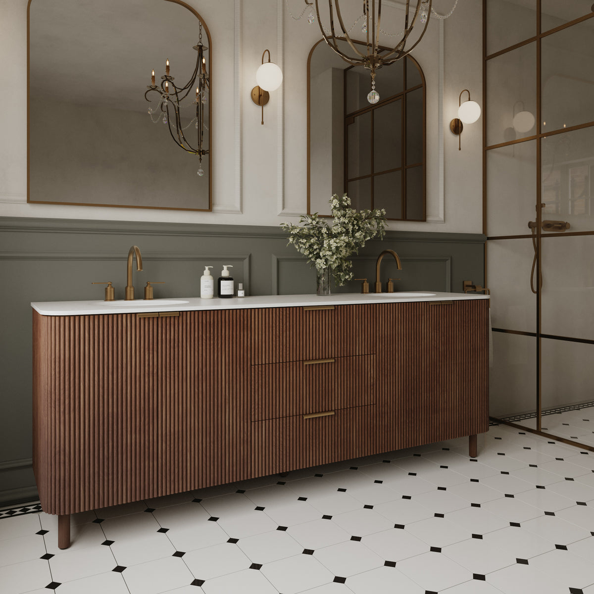 Havana 84" Double Bathroom Vanity in Brown Reeded Birch | Carrara Marble Countertop