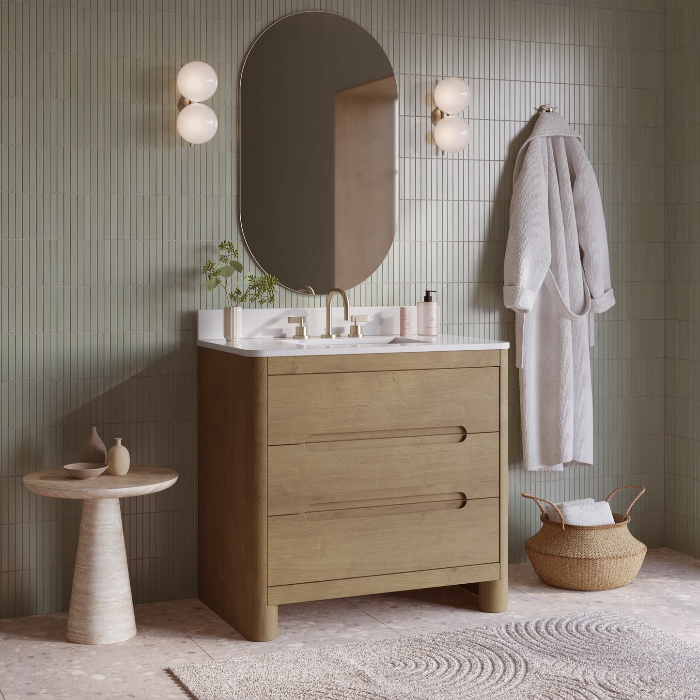 Oslo 36" Single Bathroom Vanity in Varnished Oak | White Quartz Countertop