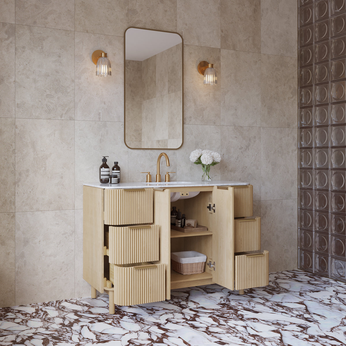 Havana 48" Single Bathroom Vanity in Nordic Reeded Birch | Calacatta Gold Quartz