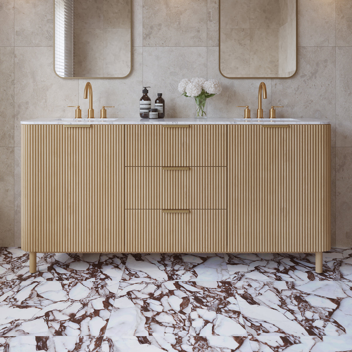 Havana 72" Double Bathroom Vanity in Nordic Reeded Birch | Calacatta Gold Quartz
