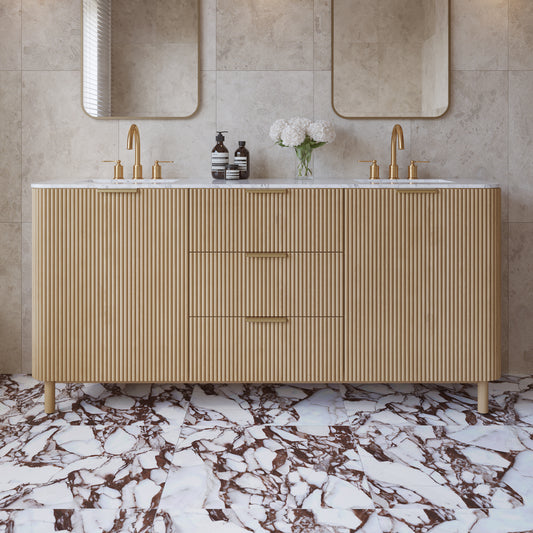 Havana 72" Double Bathroom Vanity in Nordic Reeded Birch | Calacatta Gold Quartz