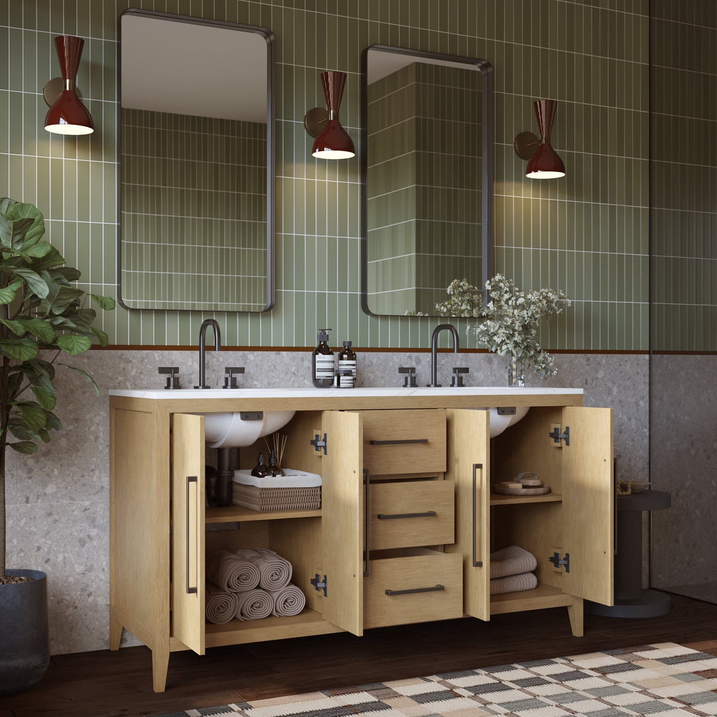 Bergen 60" Double Bathroom Vanity in Wire Brushed Oak | Calacatta Gold Quartz Countertop