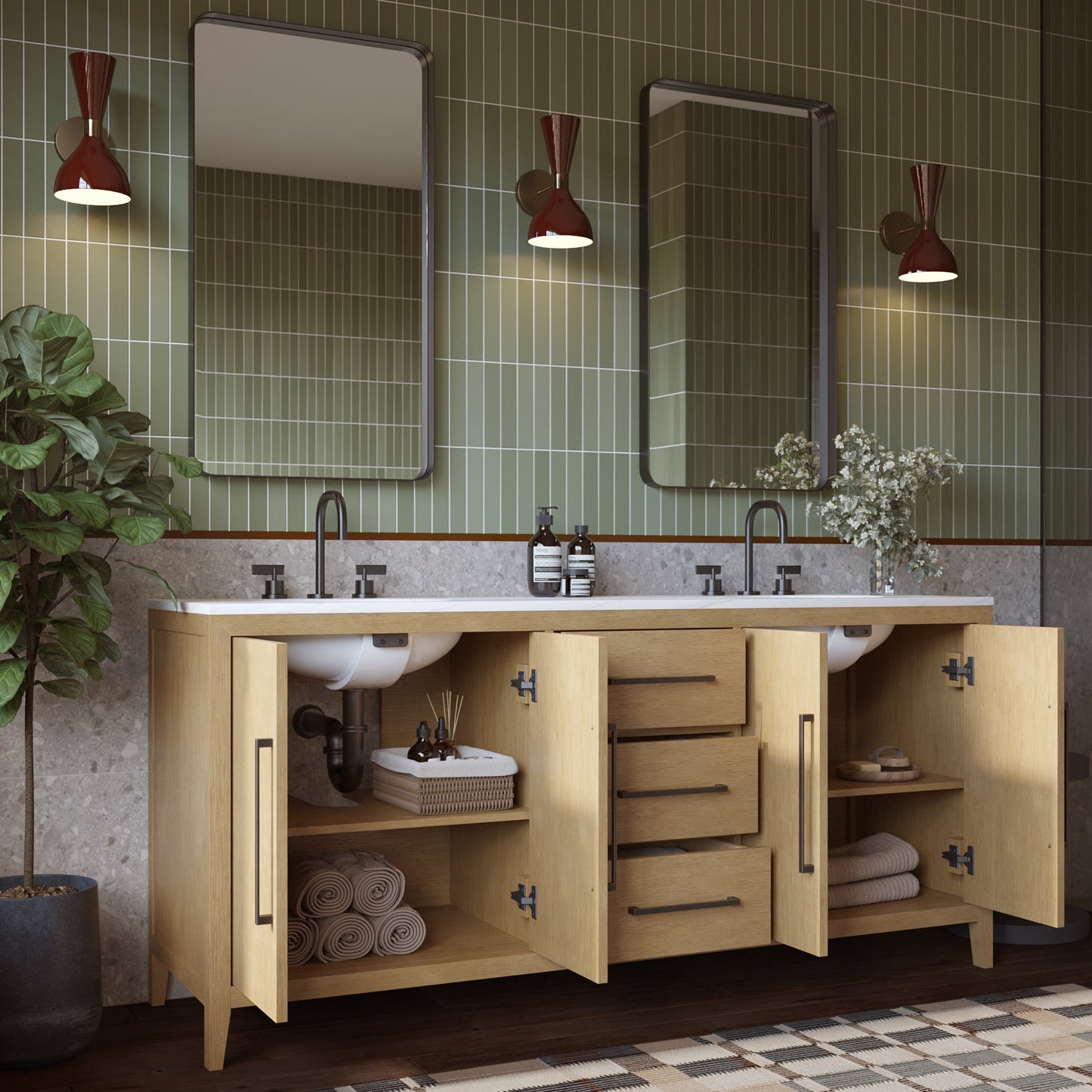 Bergen 72" Double Bathroom Vanity | Brushed Oak | Calacatta Gold Quartz
