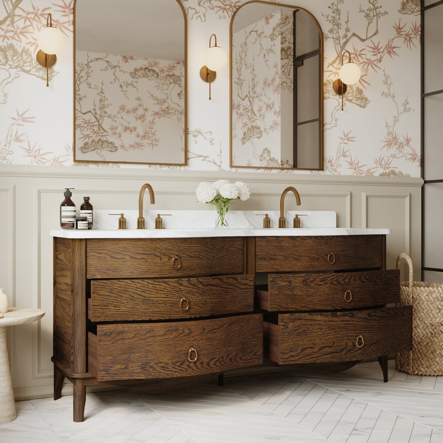 Grace 72" Double Bathroom Vanity | Enhanced Brown Oak | Statuario Quartz Countertop