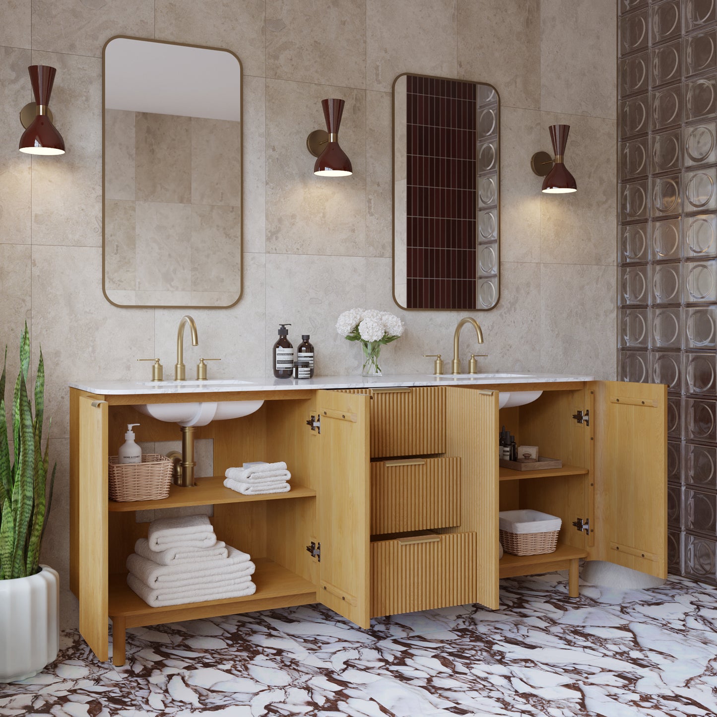 Havana 78" Reeded Double Bathroom Vanity | Carrara Marble Countertop
