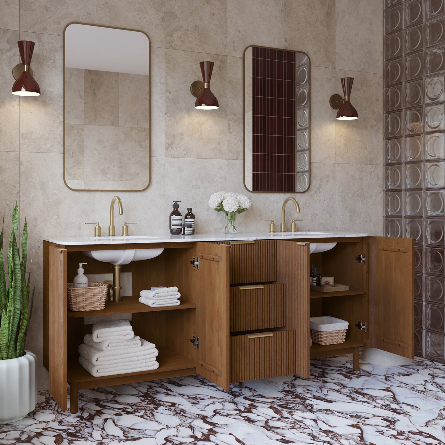Havana 78" Double Bathroom Vanity in Brown Reeded Birch | Carrara Marble Countertop