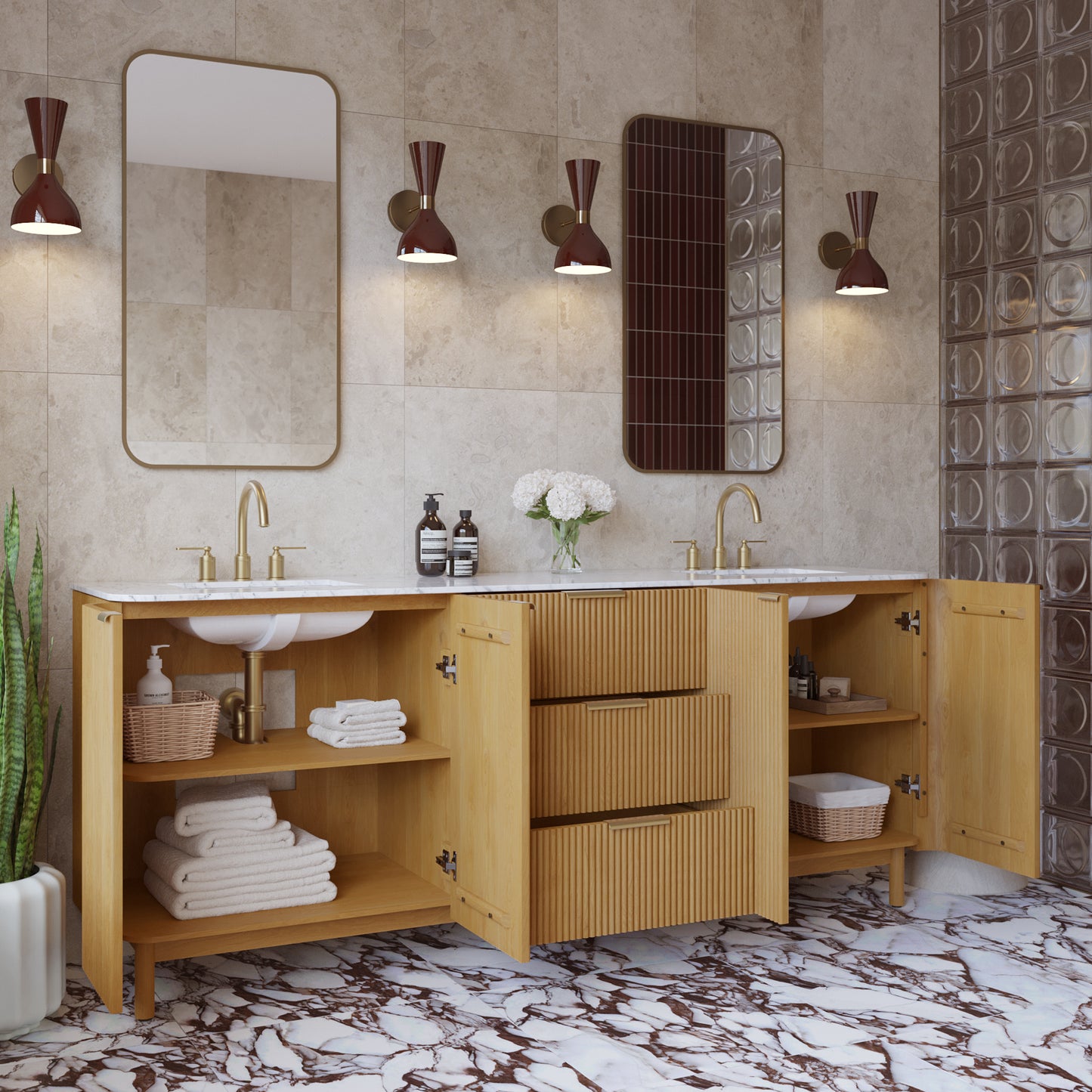 Havana 84" Double Bathroom Vanity in Reeded Birch | Carrara Marble Countertop