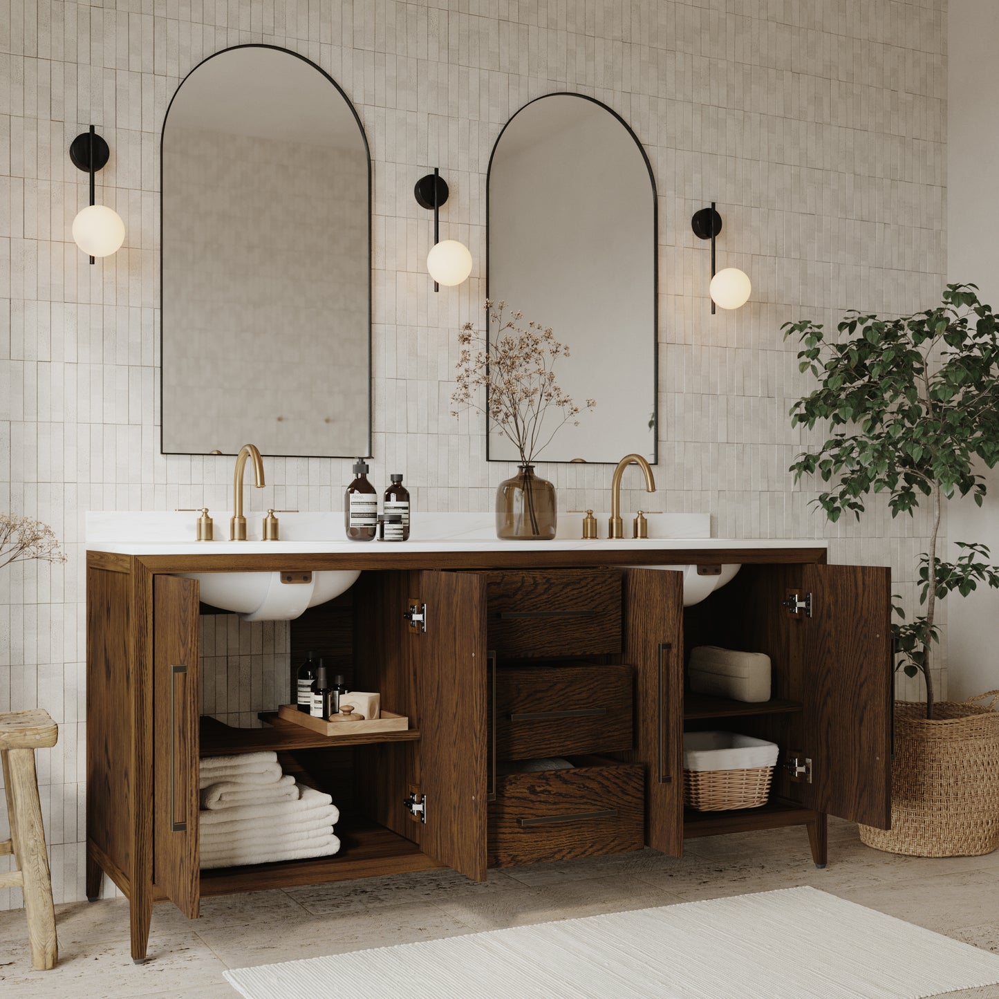 Bergen 72" Double Bathroom Vanity | Enhanced Brown Oak | Calacatta Gold Quartz