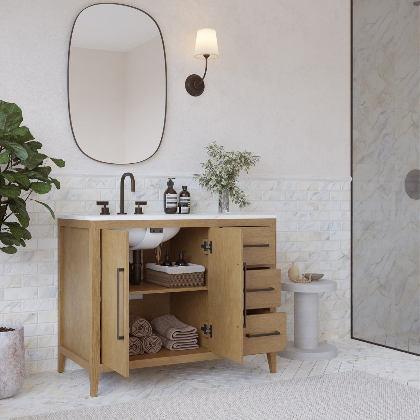 Bergen 42" Single Bathroom Vanity in Wire Brushed Oak | White Statuario Quartz Countertop