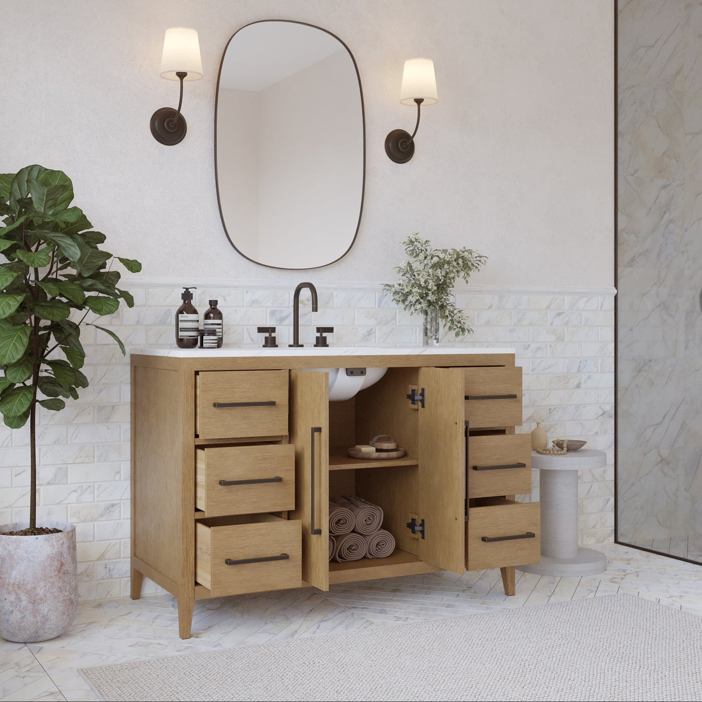 Bergen 48" Single Bathroom Vanity in Wire Brushed Oak | White Statuario Quartz Countertop