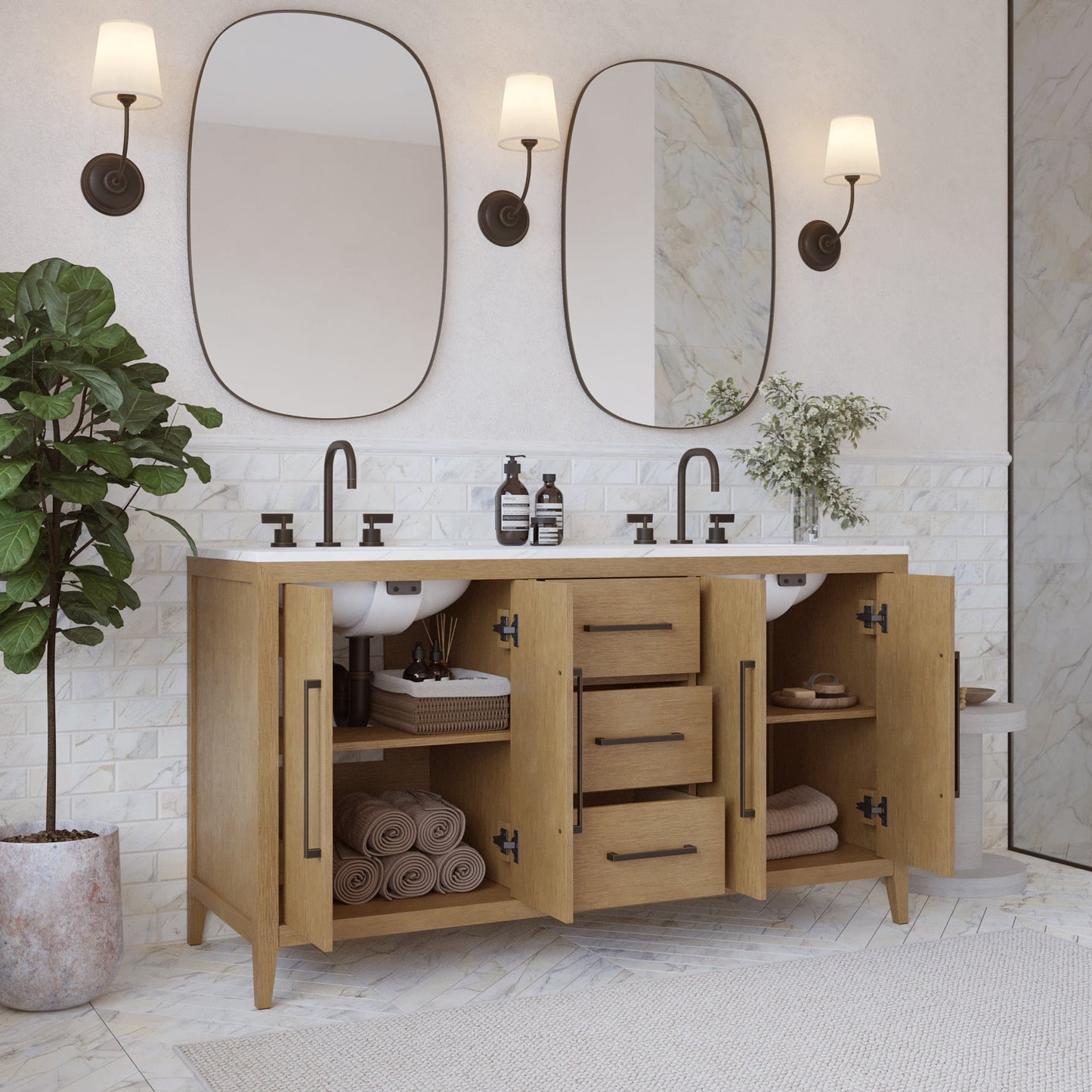 Bergen 60" Double Bathroom Vanity in Wire Brushed Oak | White Statuario Quartz Countertop